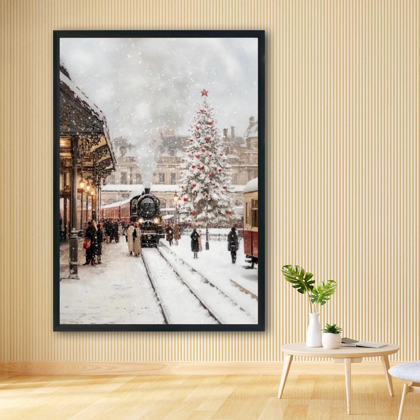 Christmas Wall Art Print of Train Station in Snow with Christmas Tree Decoration, Orient Express in Winter W