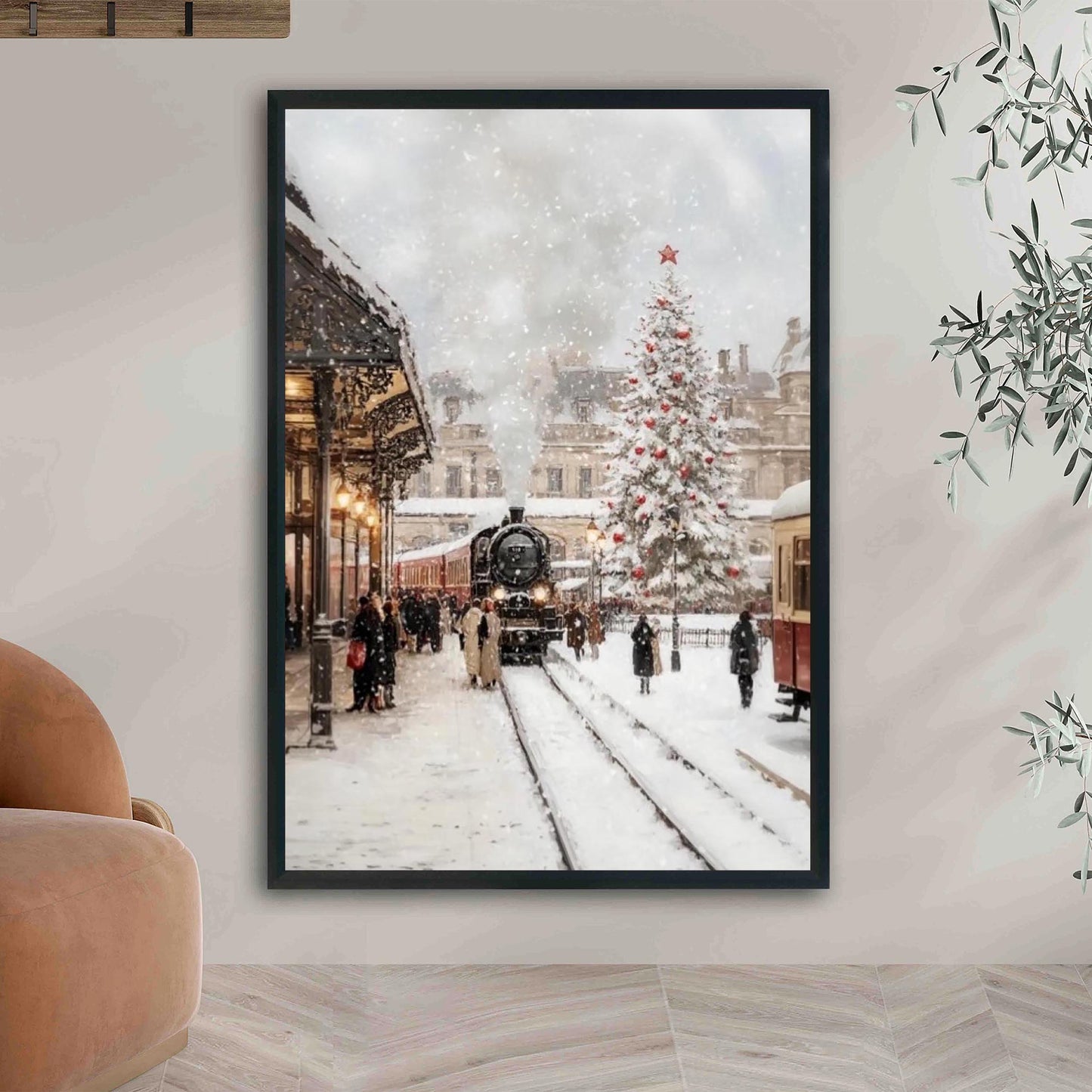 Christmas Wall Art Print of Train Station in Snow with Christmas Tree Decoration, Orient Express in Winter W