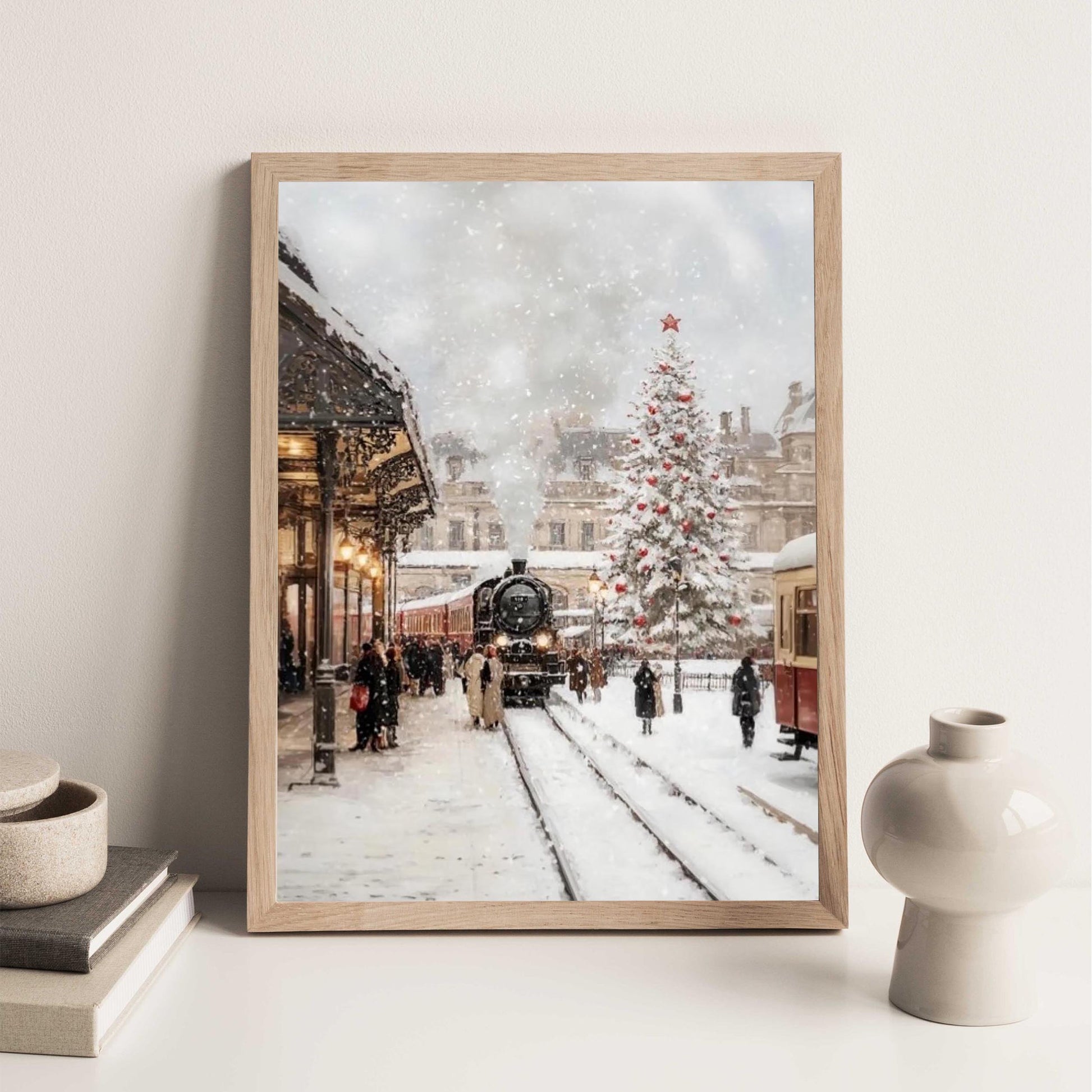 Christmas Wall Art Print of Train Station in Snow with Christmas Tree Decoration, Orient Express in Winter W