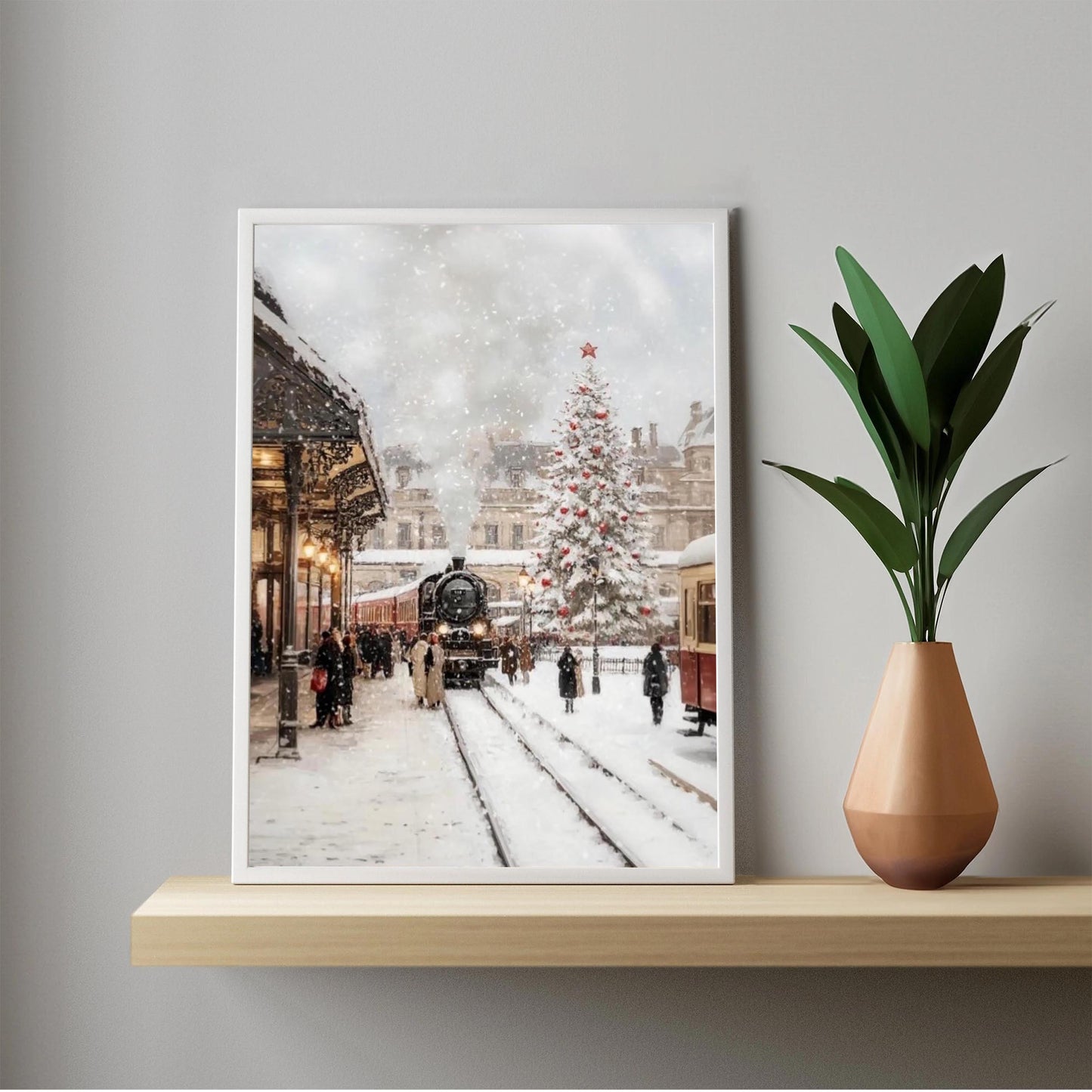 Christmas Wall Art Print of Train Station in Snow with Christmas Tree Decoration, Orient Express in Winter W