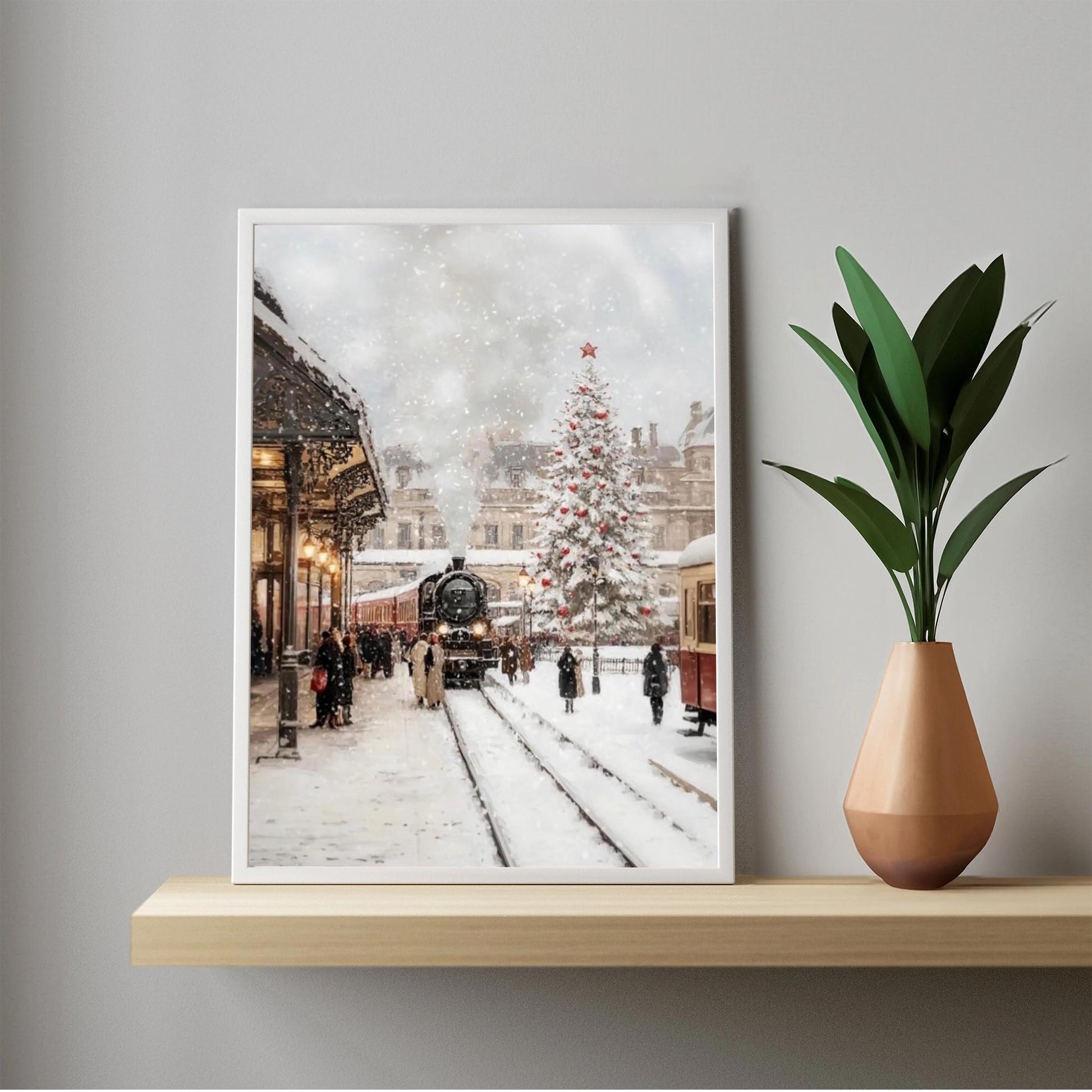 Christmas Wall Art Print of Train Station in Snow with Christmas Tree Decoration, Orient Express in Winter W