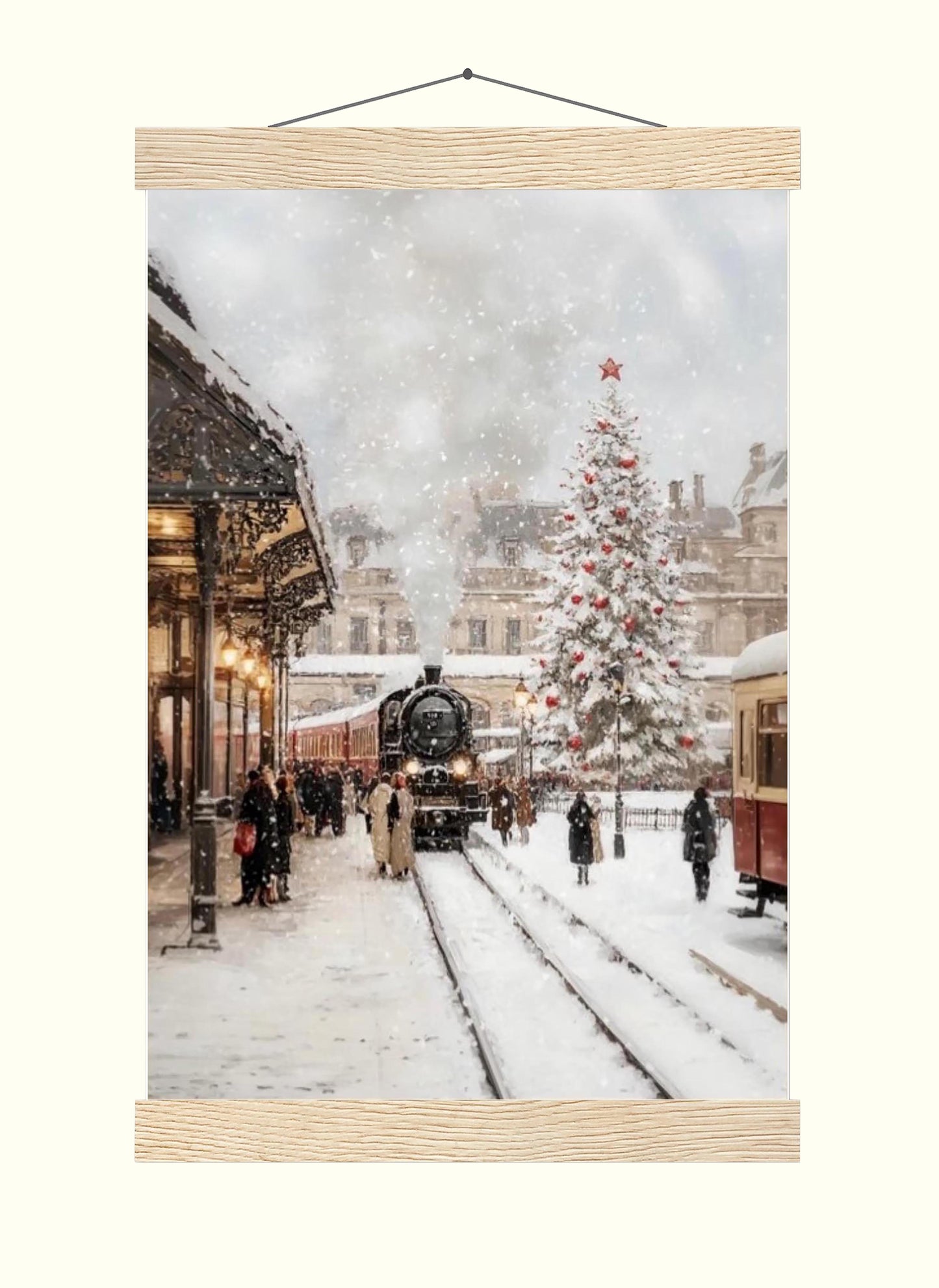 Christmas Wall Art Print of Train Station in Snow with Christmas Tree Decoration, Orient Express in Winter W