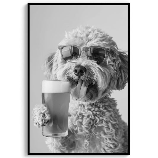 Cockapoo Drinking Beer Pint Funny Dog Print, Bar Cart Dog Decor, Man Cave Poster - Black and White Wall Art