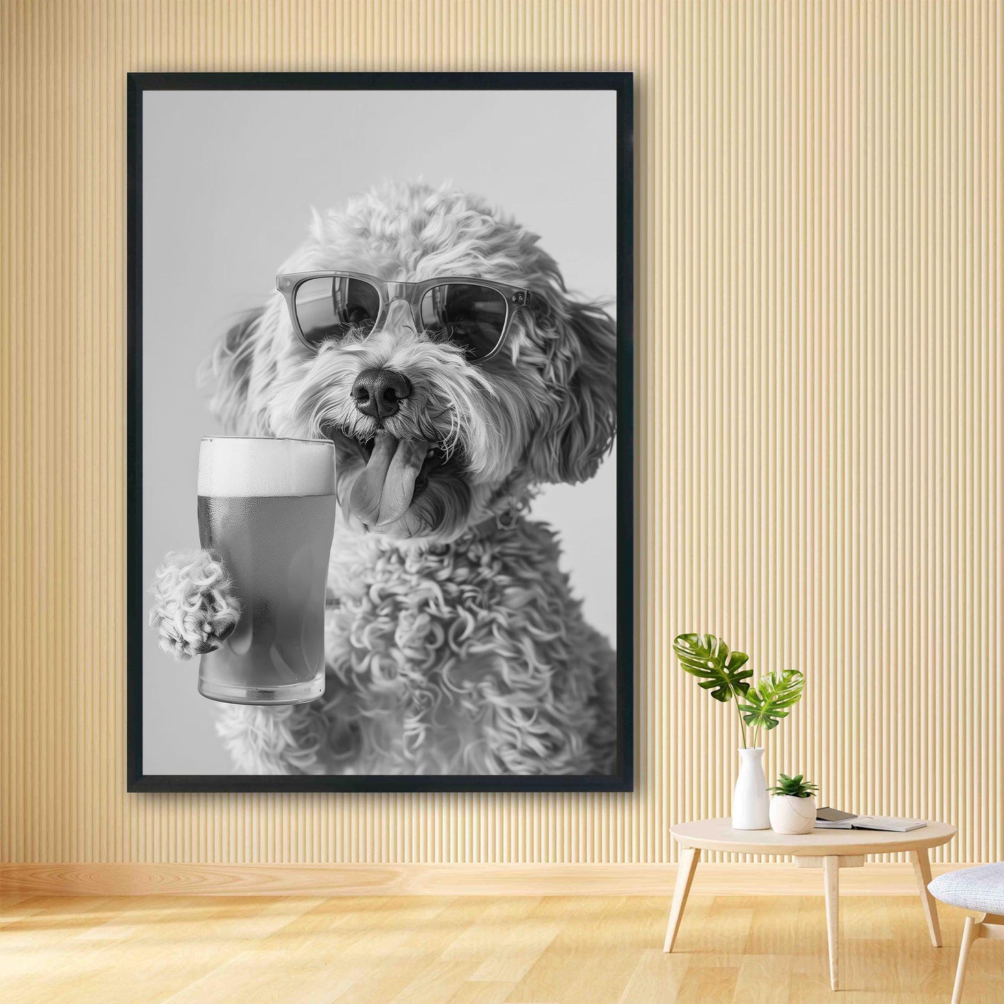 Cockapoo Drinking Beer Pint Funny Dog Print, Bar Cart Dog Decor, Man Cave Poster - Black and White Wall Art