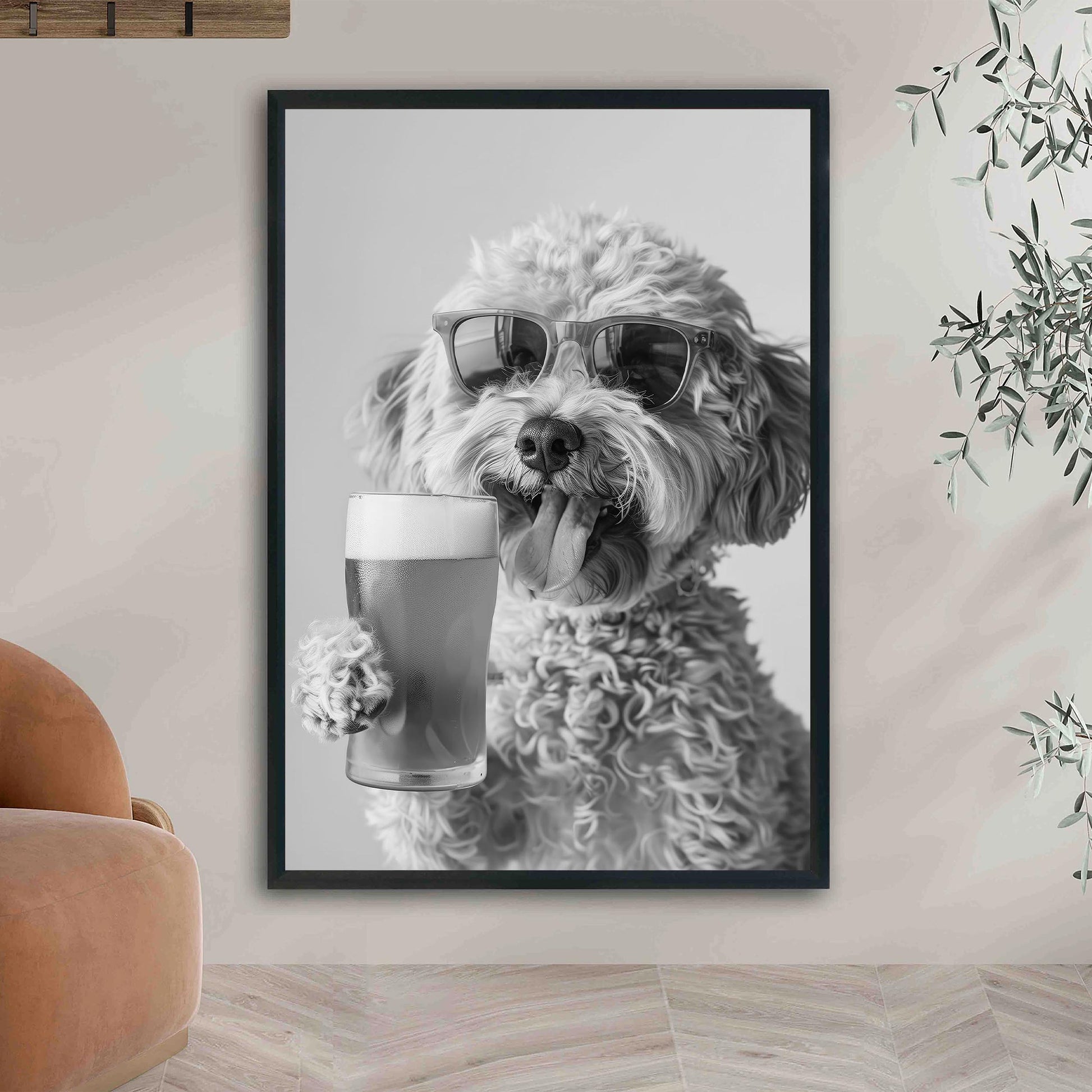 Cockapoo Drinking Beer Pint Funny Dog Print, Bar Cart Dog Decor, Man Cave Poster - Black and White Wall Art