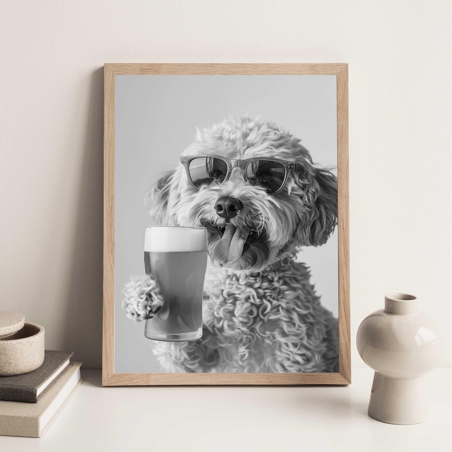 Cockapoo Drinking Beer Pint Funny Dog Print, Bar Cart Dog Decor, Man Cave Poster - Black and White Wall Art