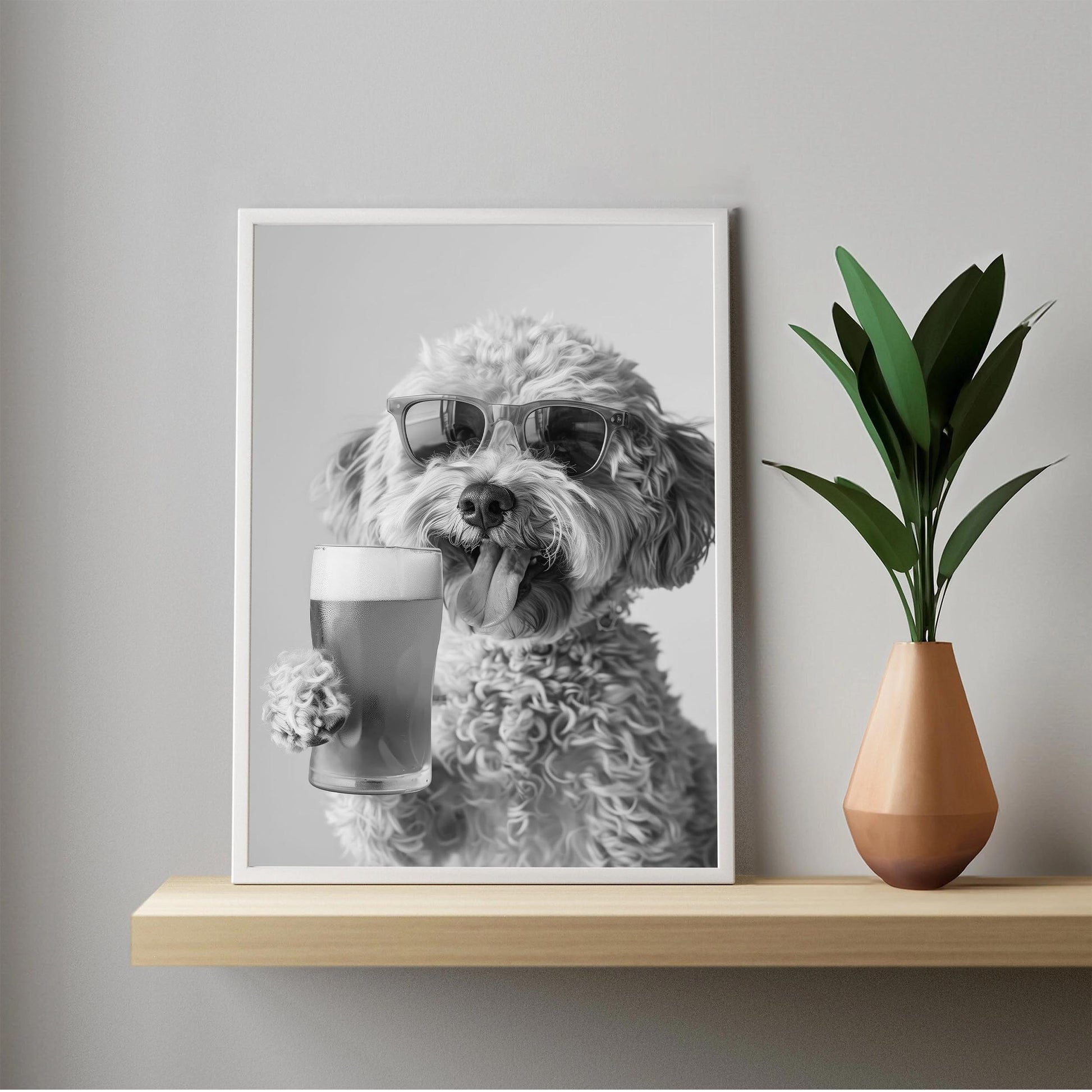 Cockapoo Drinking Beer Pint Funny Dog Print, Bar Cart Dog Decor, Man Cave Poster - Black and White Wall Art