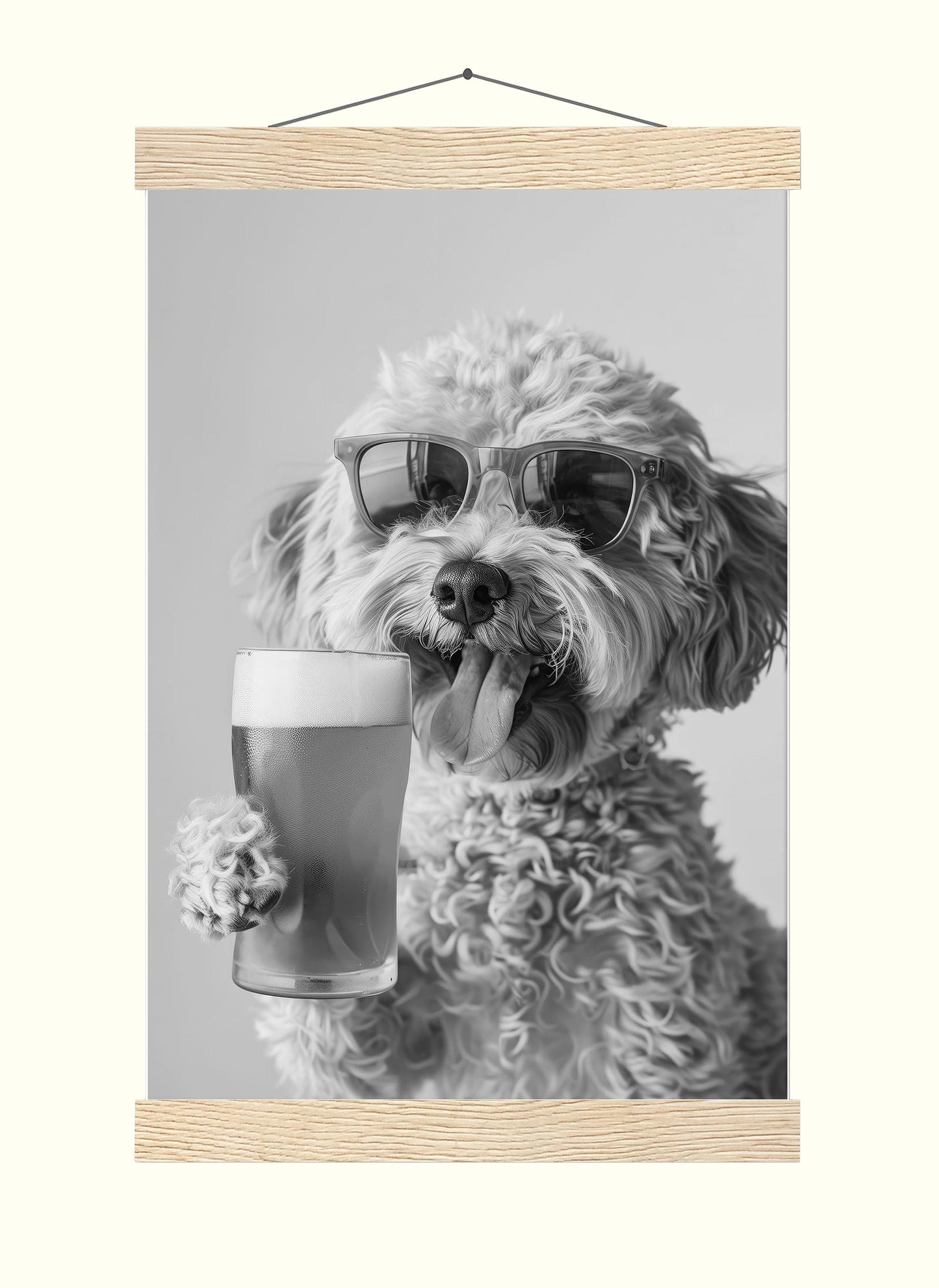 Cockapoo Drinking Beer Pint Funny Dog Print, Bar Cart Dog Decor, Man Cave Poster - Black and White Wall Art