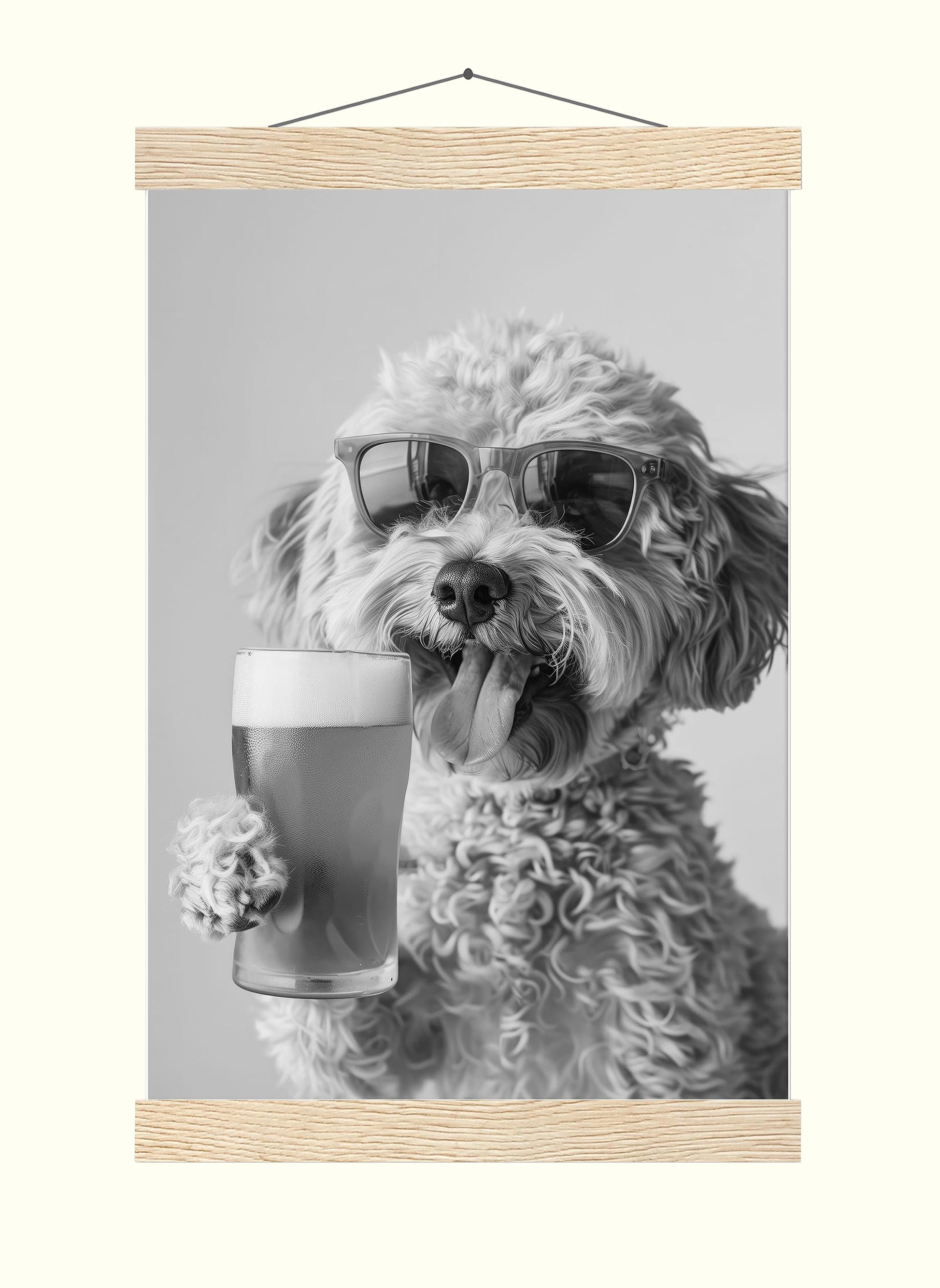 Cockapoo Drinking Beer Pint Funny Dog Print, Bar Cart Dog Decor, Man Cave Poster - Black and White Wall Art