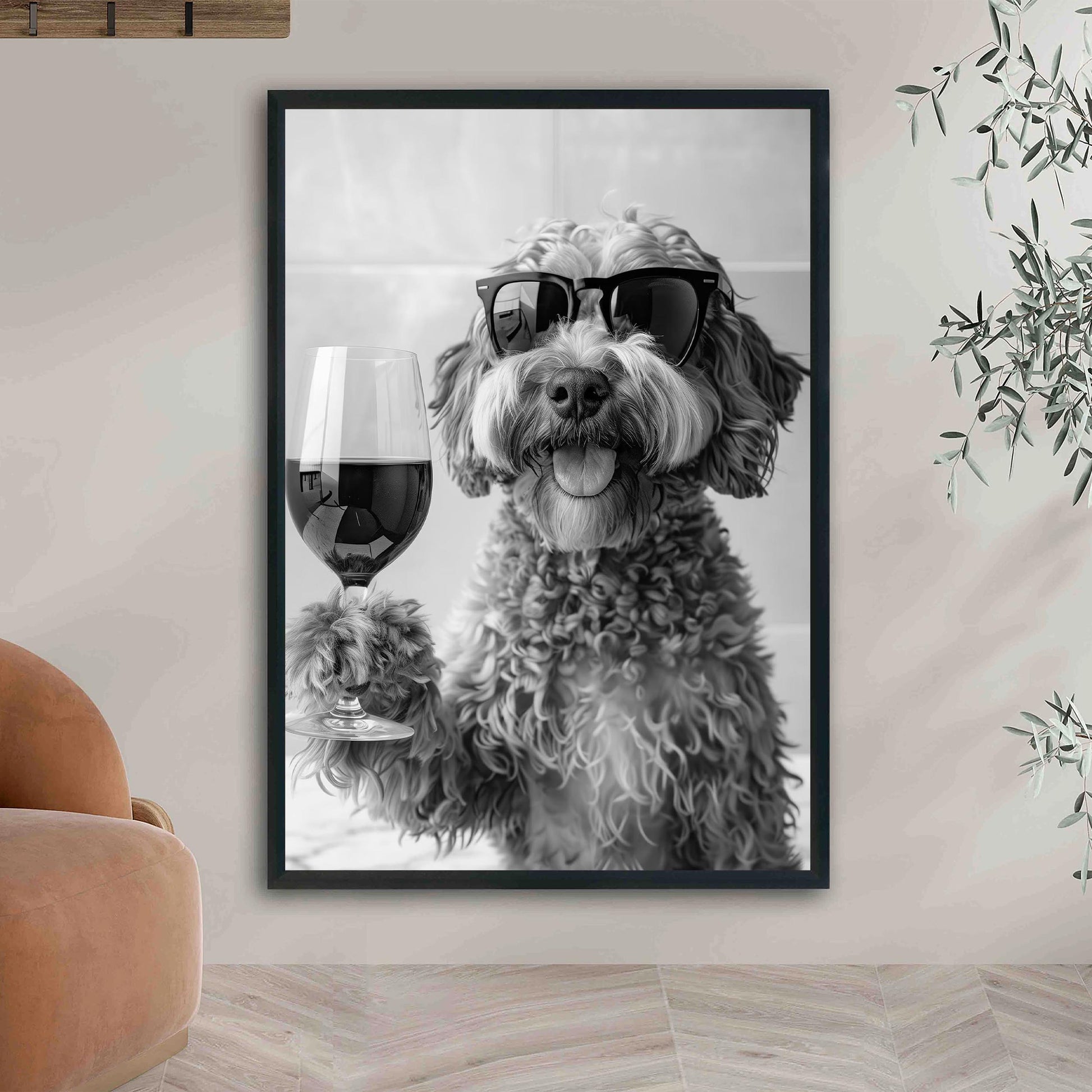 Cockapoo Drinking Wine Wall Art Cockapoo Bar Cart Print, Dog Gift, Funny Dog Poster, Kitchen Decor - Black and White Pri