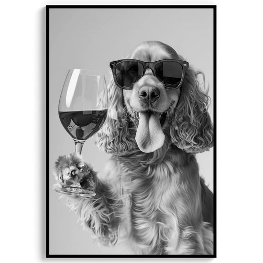 Cocker Spaniel and Wine Print Bar Cart Print, Funny Dog Poster, Trendy Kitchen Decor - Black and White Wall Art