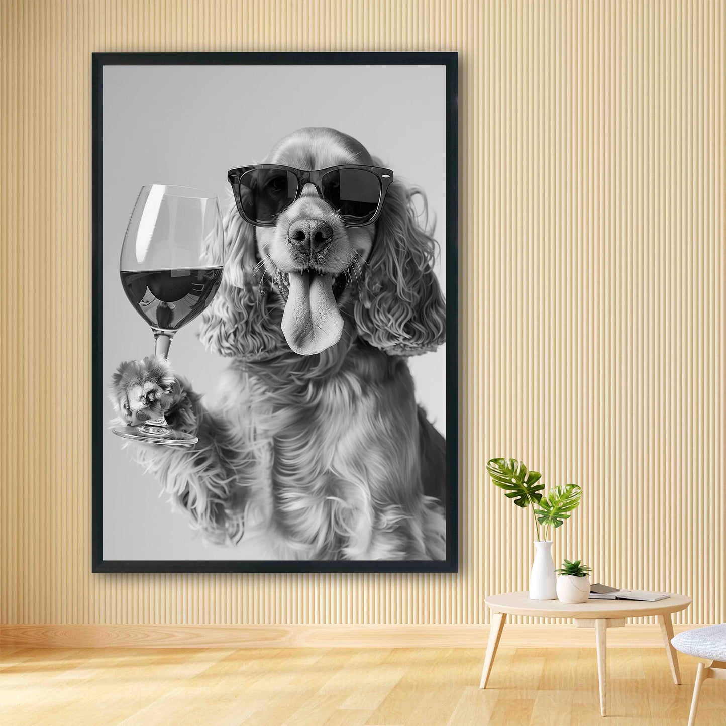 Cocker Spaniel and Wine Print Bar Cart Print, Funny Dog Poster, Trendy Kitchen Decor - Black and White Wall Art