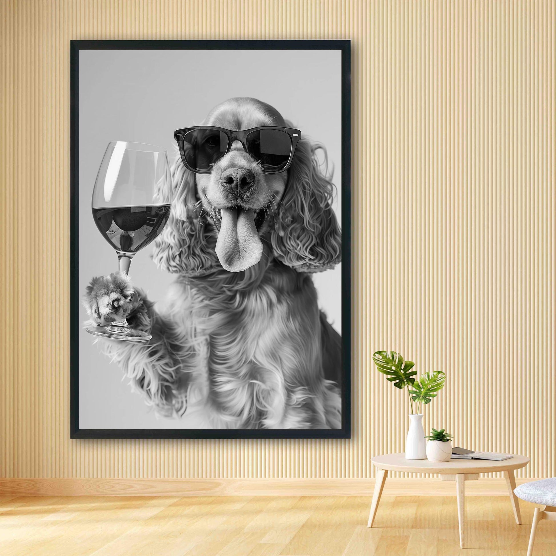 Cocker Spaniel and Wine Print Bar Cart Print, Funny Dog Poster, Trendy Kitchen Decor - Black and White Wall Art