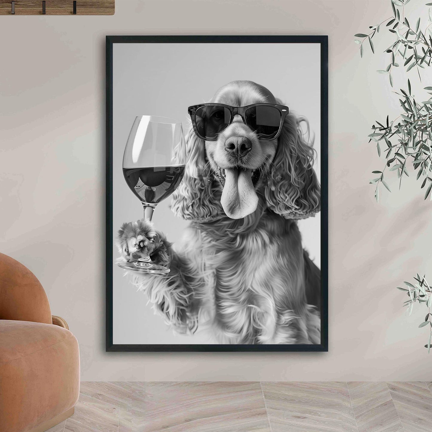 Cocker Spaniel and Wine Print Bar Cart Print, Funny Dog Poster, Trendy Kitchen Decor - Black and White Wall Art