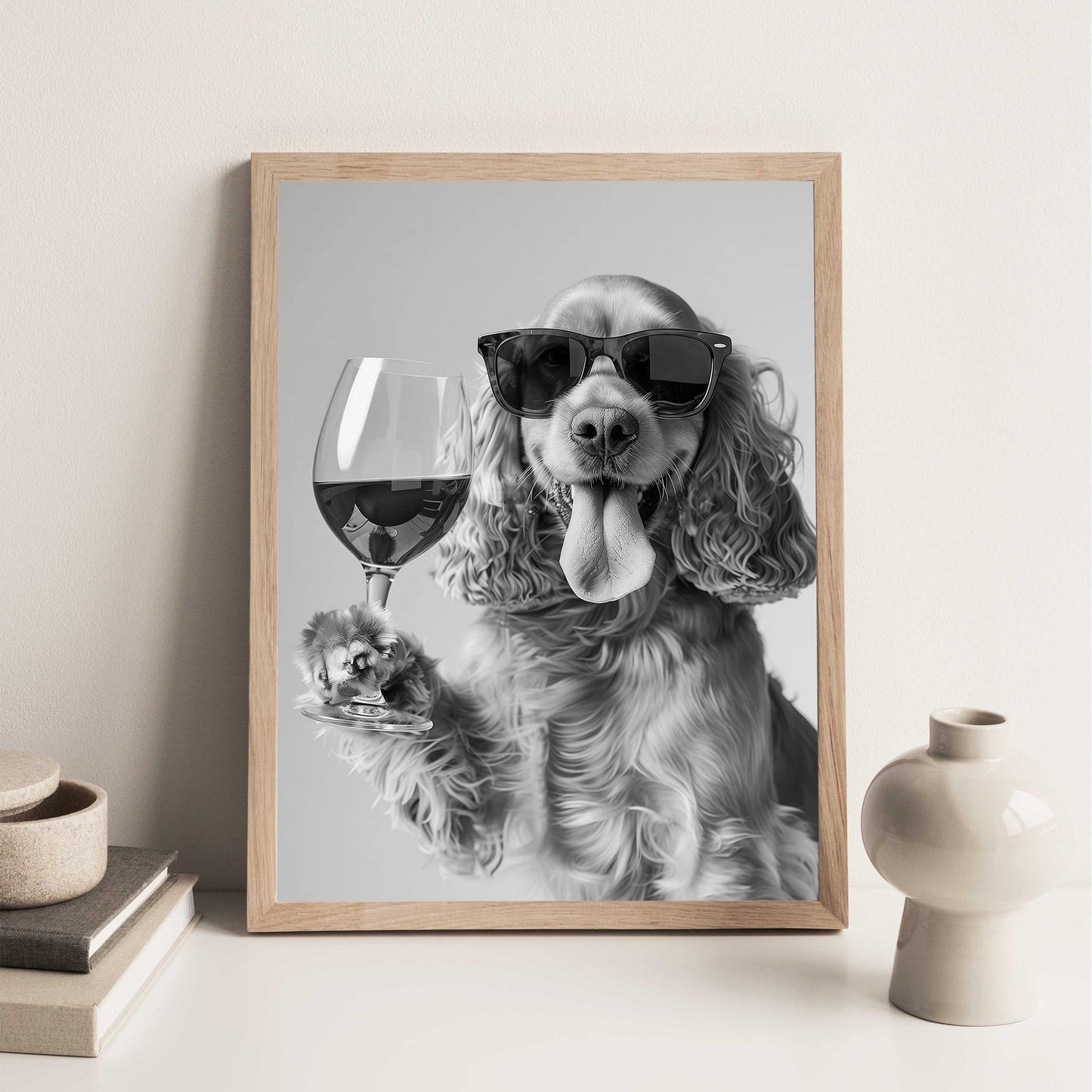 Cocker Spaniel and Wine Print Bar Cart Print, Funny Dog Poster, Trendy Kitchen Decor - Black and White Wall Art