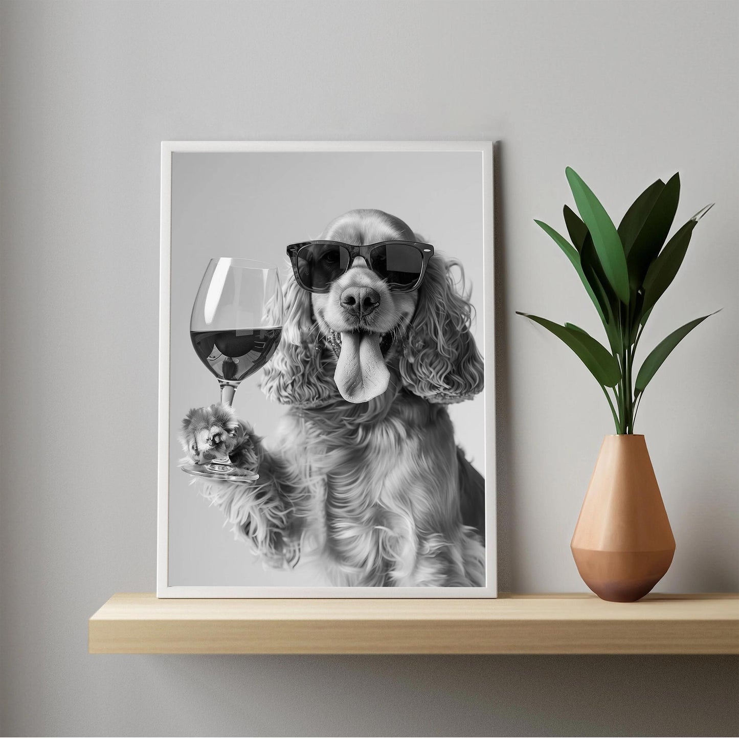 Cocker Spaniel and Wine Print Bar Cart Print, Funny Dog Poster, Trendy Kitchen Decor - Black and White Wall Art