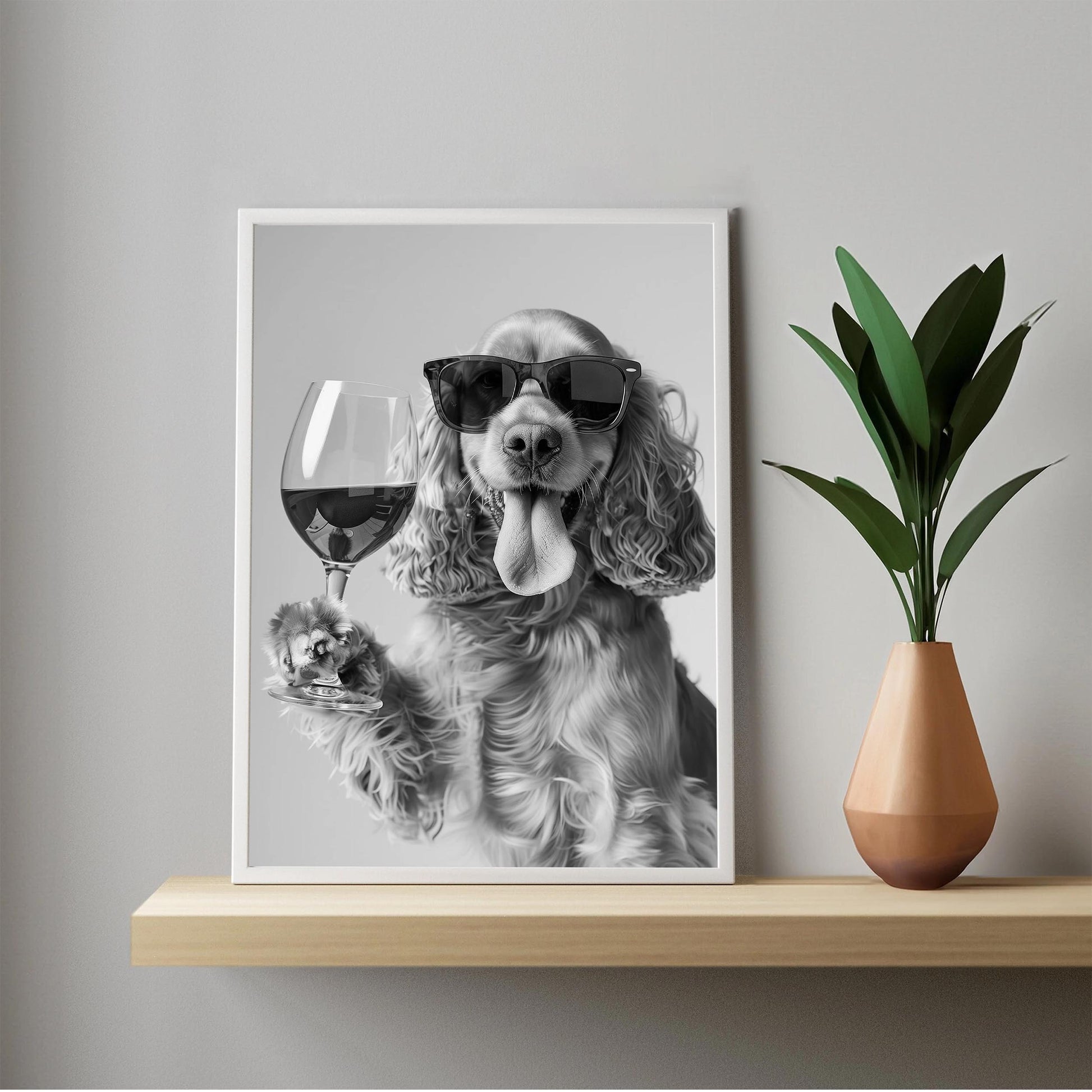Cocker Spaniel and Wine Print Bar Cart Print, Funny Dog Poster, Trendy Kitchen Decor - Black and White Wall Art