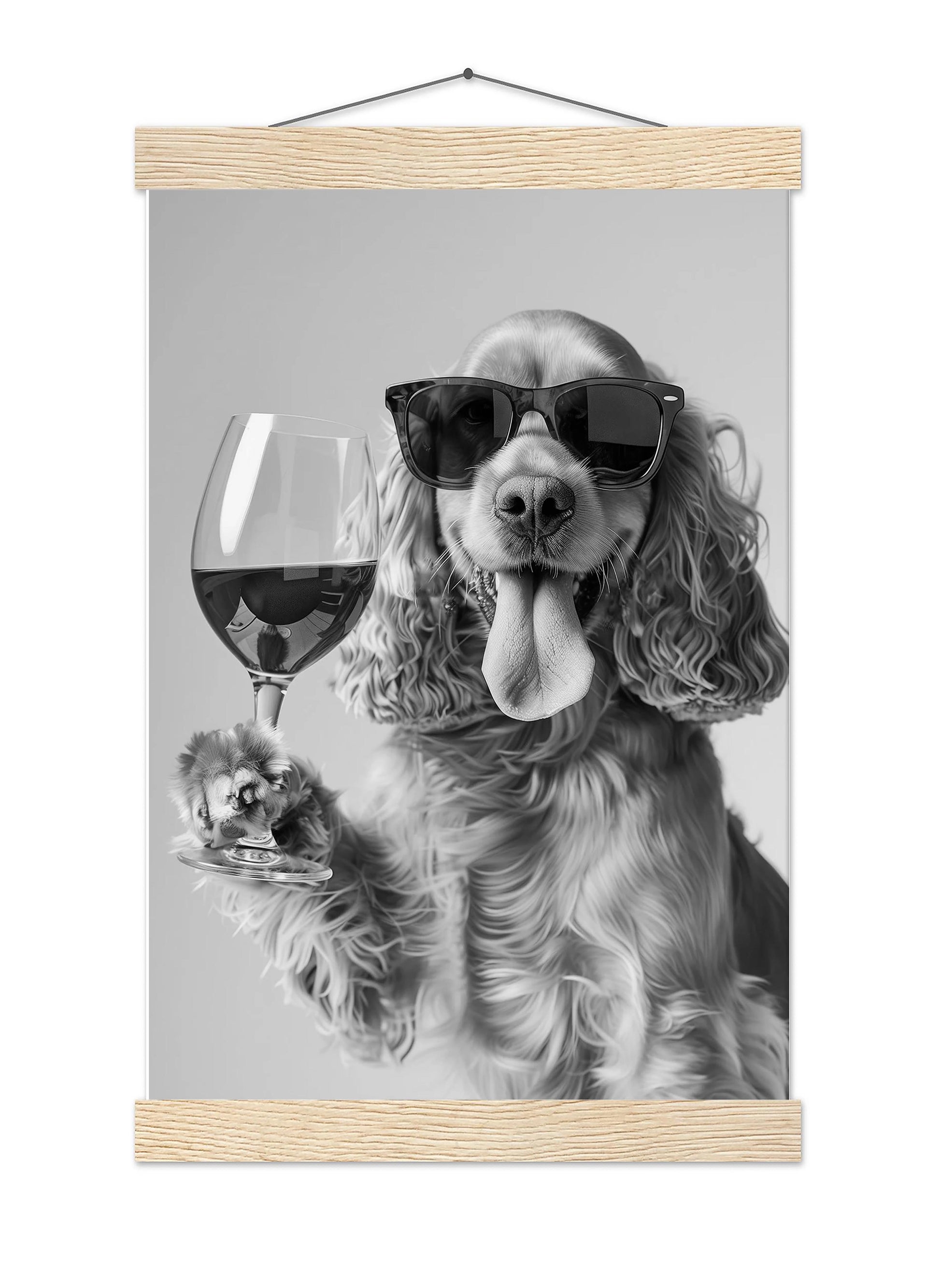 Cocker Spaniel and Wine Print Bar Cart Print, Funny Dog Poster, Trendy Kitchen Decor - Black and White Wall Art