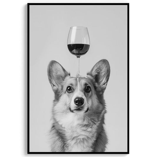 Corgi Balancing Wine Glass Print Funny Bar Cart Dog Poster, Alcohol Kitchen Decor - Black and White Wall Art
