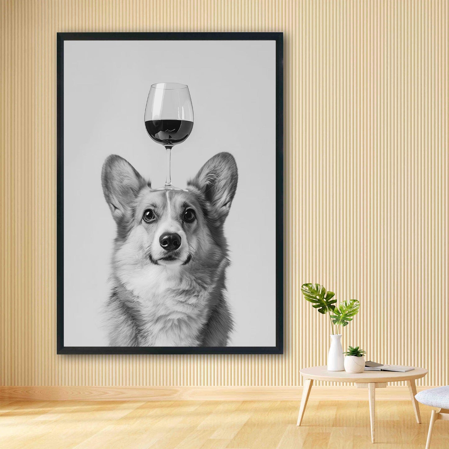 Corgi Balancing Wine Glass Print Funny Bar Cart Dog Poster, Alcohol Kitchen Decor - Black and White Wall Art