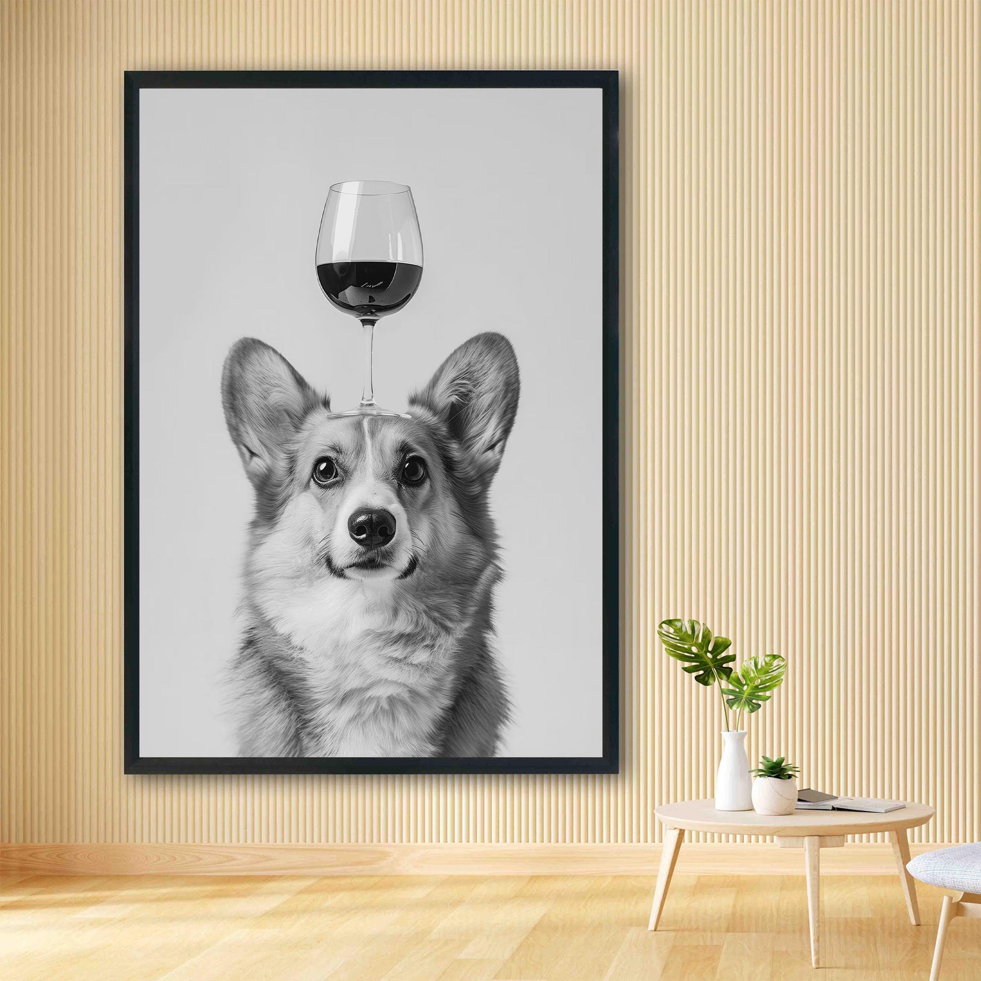 Corgi Balancing Wine Glass Print Funny Bar Cart Dog Poster, Alcohol Kitchen Decor - Black and White Wall Art