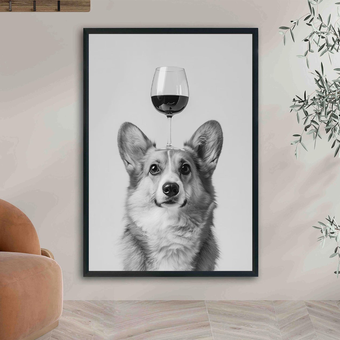 Corgi Balancing Wine Glass Print Funny Bar Cart Dog Poster, Alcohol Kitchen Decor - Black and White Wall Art