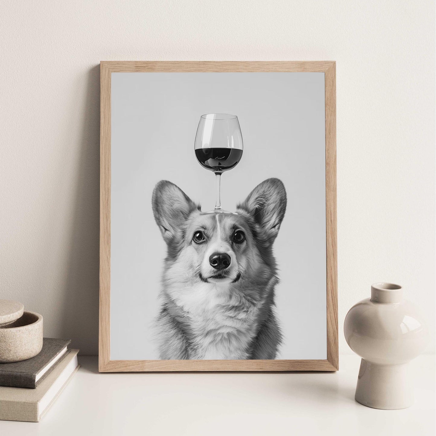 Corgi Balancing Wine Glass Print Funny Bar Cart Dog Poster, Alcohol Kitchen Decor - Black and White Wall Art