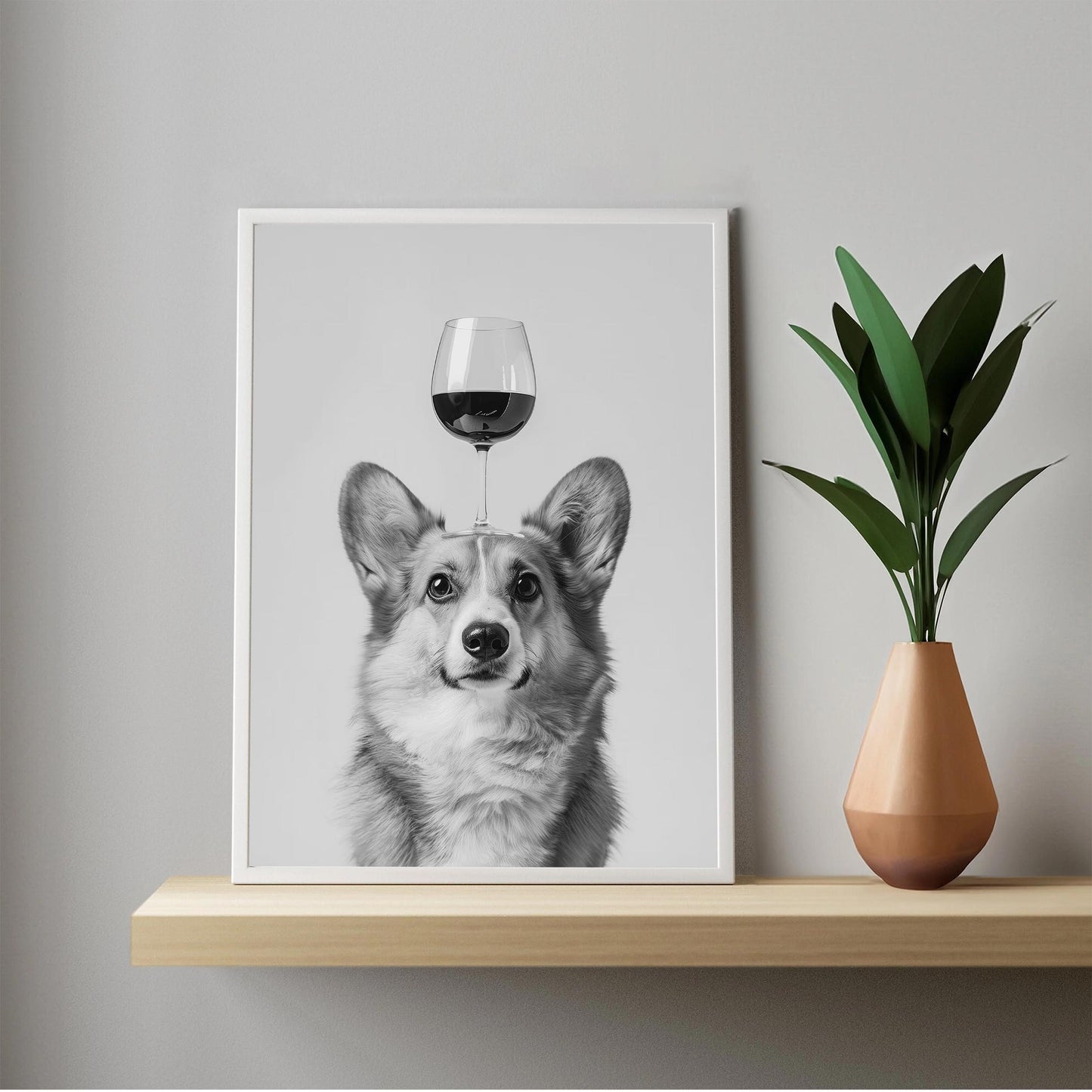 Corgi Balancing Wine Glass Print Funny Bar Cart Dog Poster, Alcohol Kitchen Decor - Black and White Wall Art