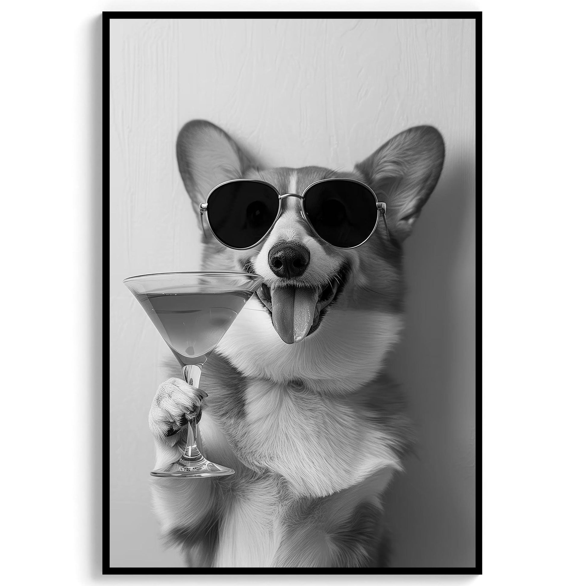 Corgi Drinking Cocktail Print Funny Dog Martini Poster, Bar Cart Decor - Black and White Wall Art