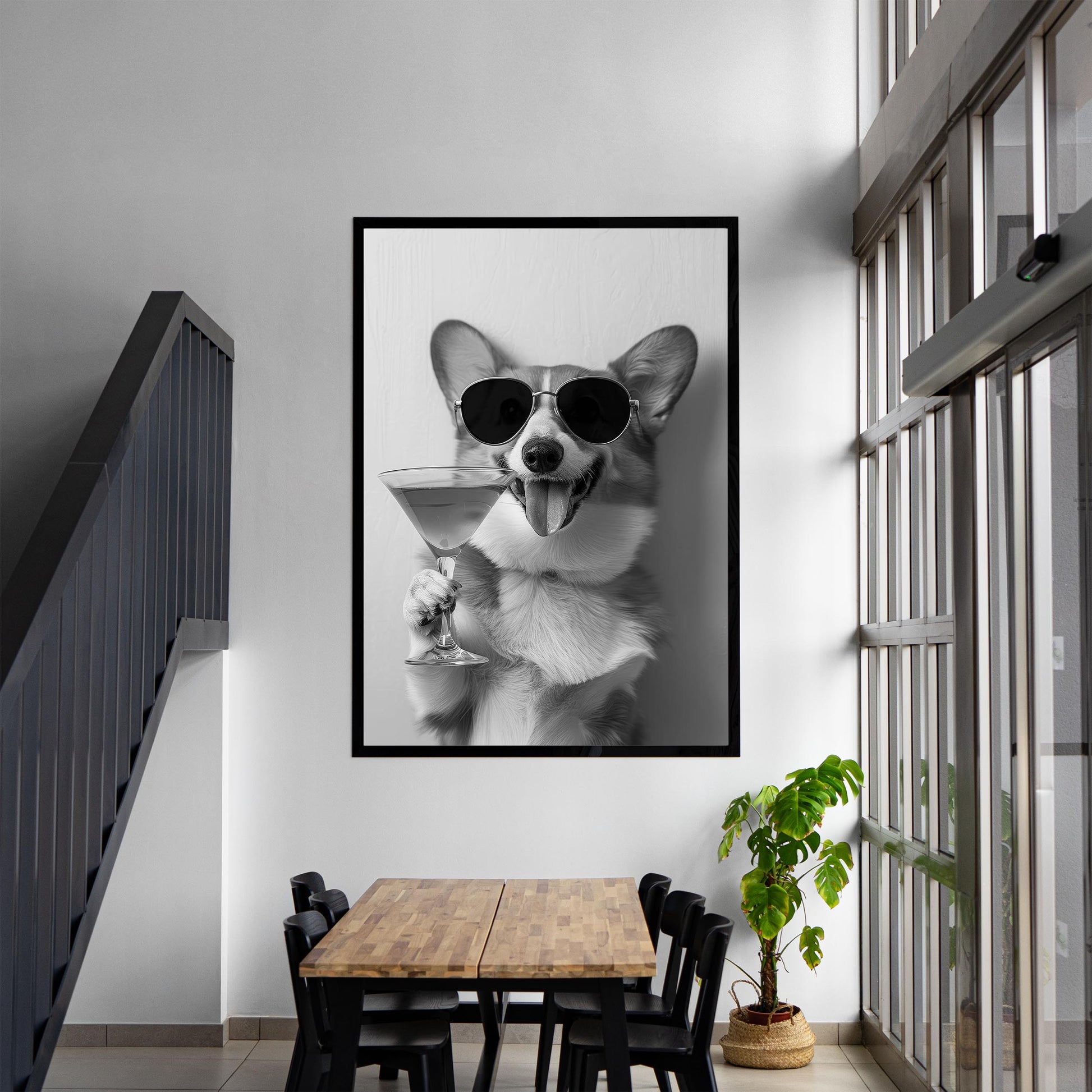 Corgi Drinking Cocktail Print Funny Dog Martini Poster, Bar Cart Decor - Black and White Wall Art