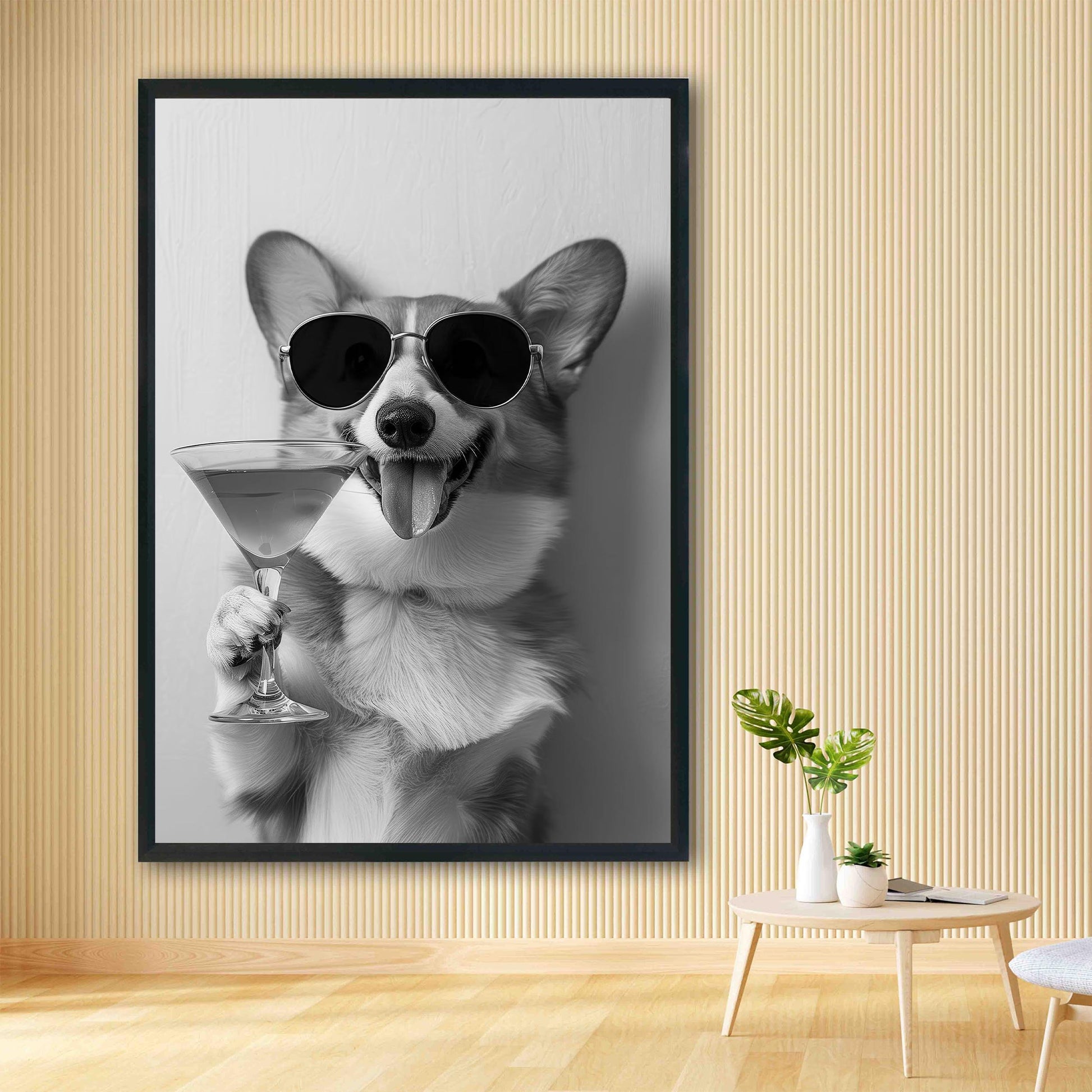 Corgi Drinking Cocktail Print Funny Dog Martini Poster, Bar Cart Decor - Black and White Wall Art
