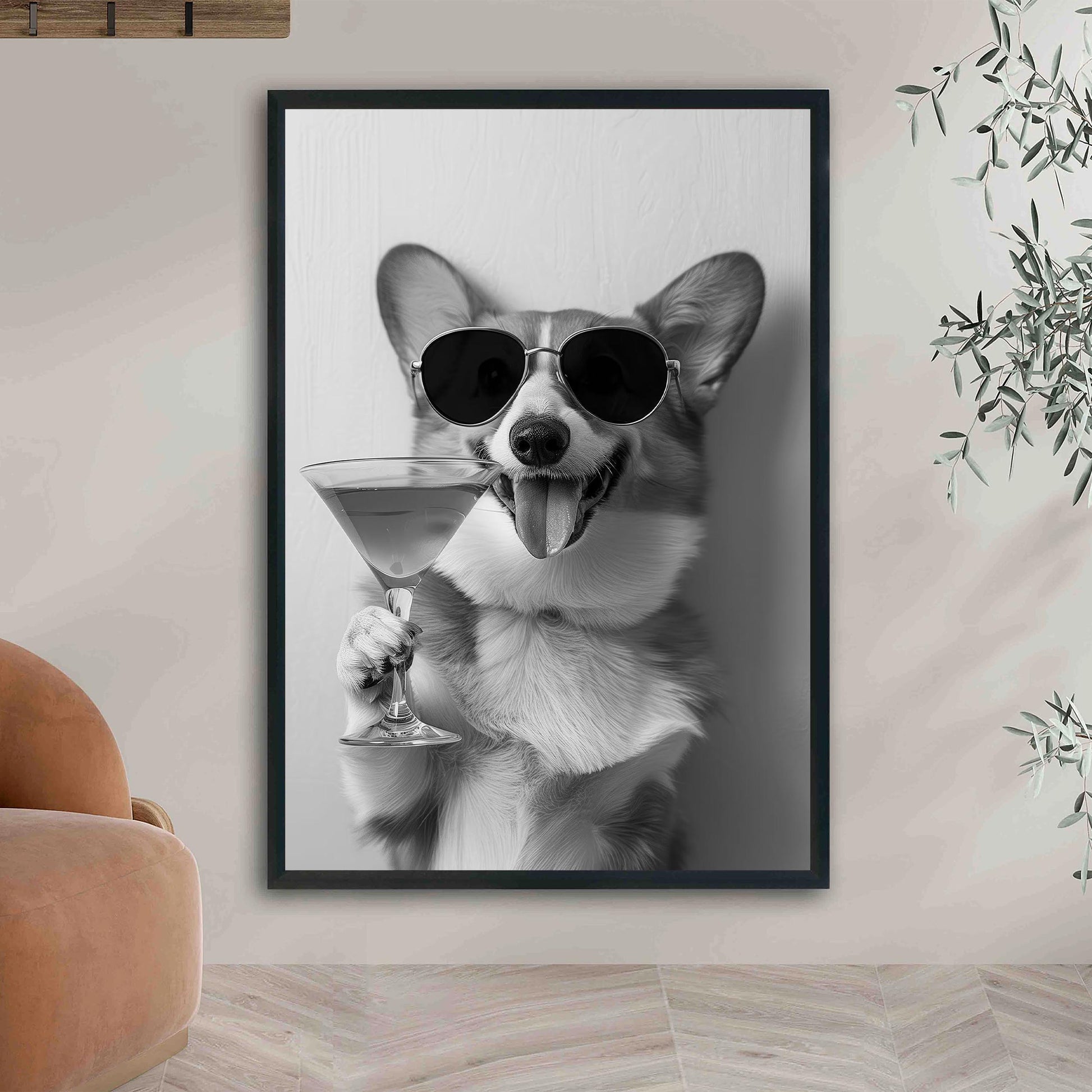Corgi Drinking Cocktail Print Funny Dog Martini Poster, Bar Cart Decor - Black and White Wall Art
