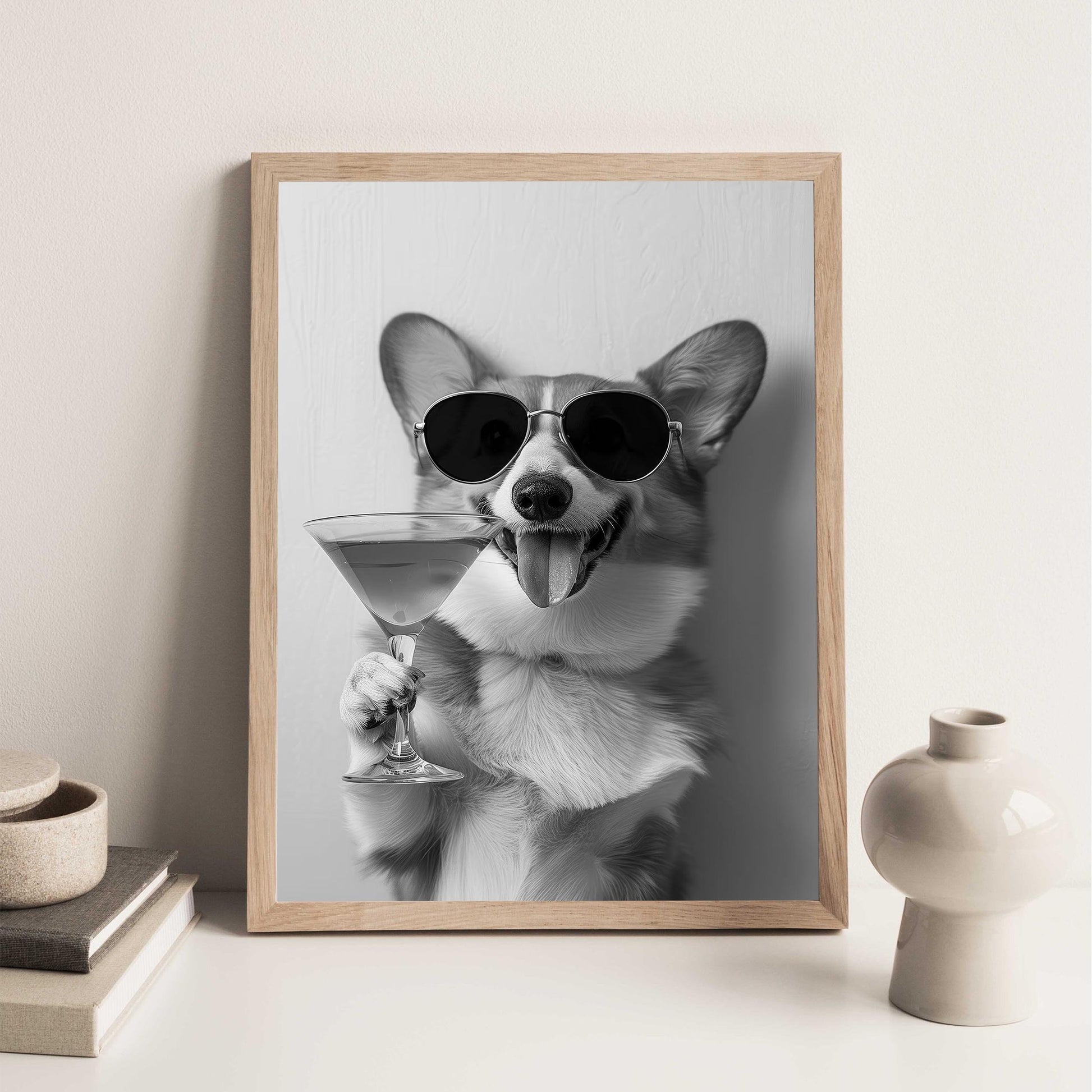 Corgi Drinking Cocktail Print Funny Dog Martini Poster, Bar Cart Decor - Black and White Wall Art