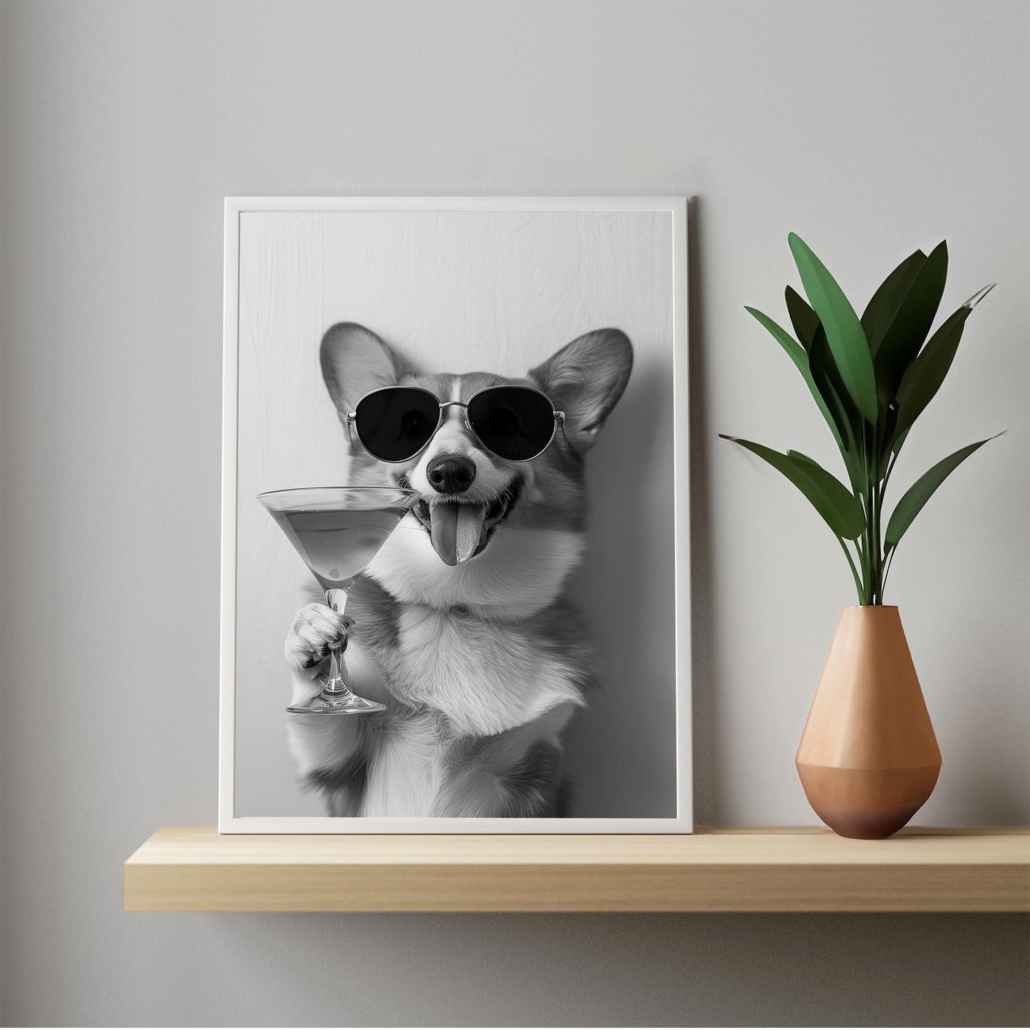 Corgi Drinking Cocktail Print Funny Dog Martini Poster, Bar Cart Decor - Black and White Wall Art