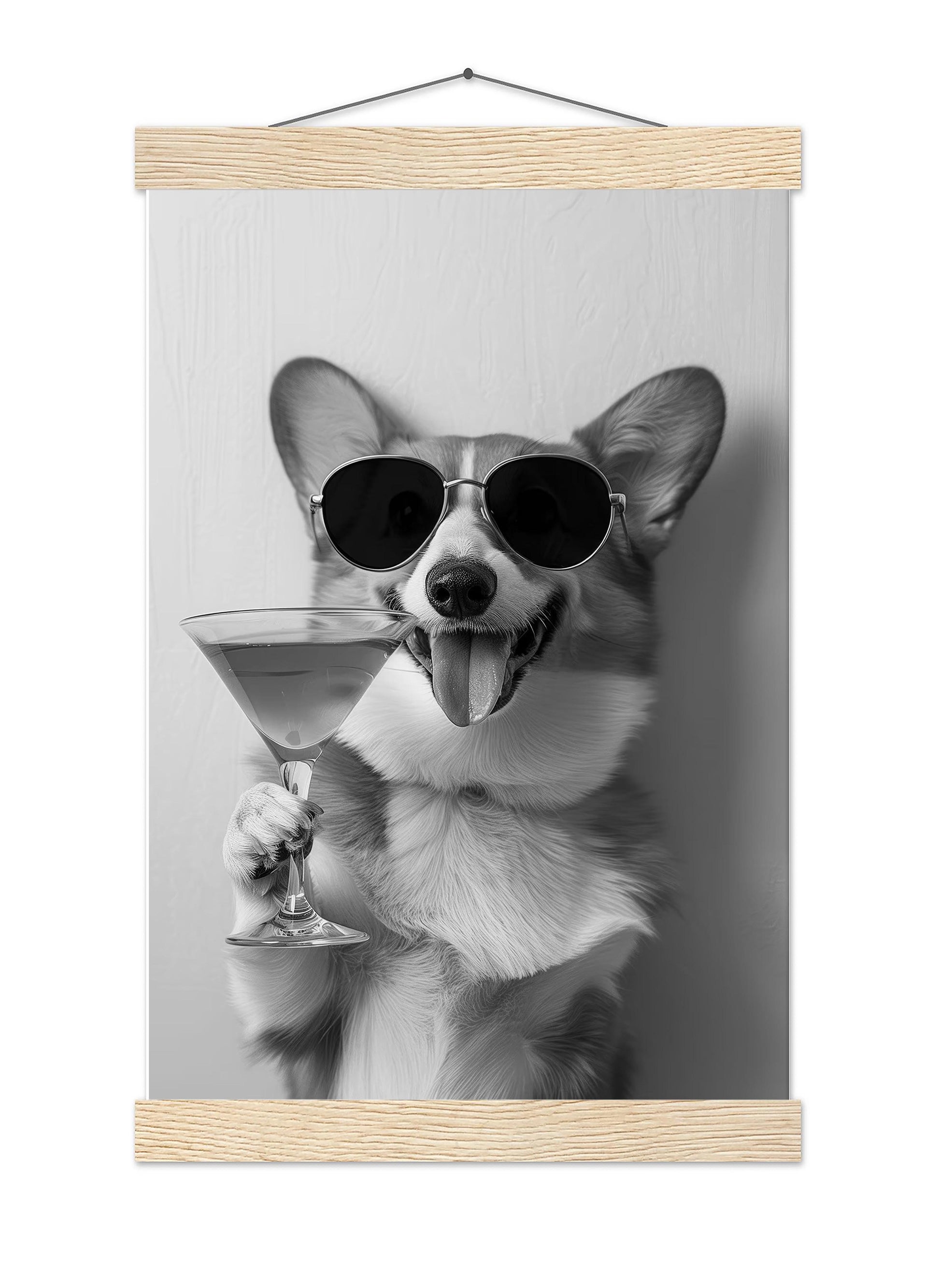 Corgi Drinking Cocktail Print Funny Dog Martini Poster, Bar Cart Decor - Black and White Wall Art