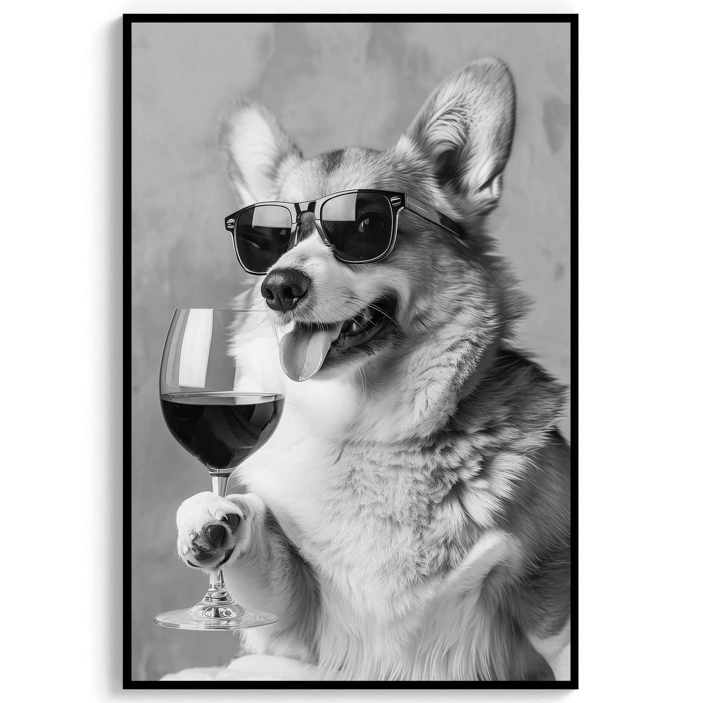 Corgi Drinking Wine Wall Art Funny Dog Poster, Bar Cart Print, Kitchen Wall Decor - Black and White Print