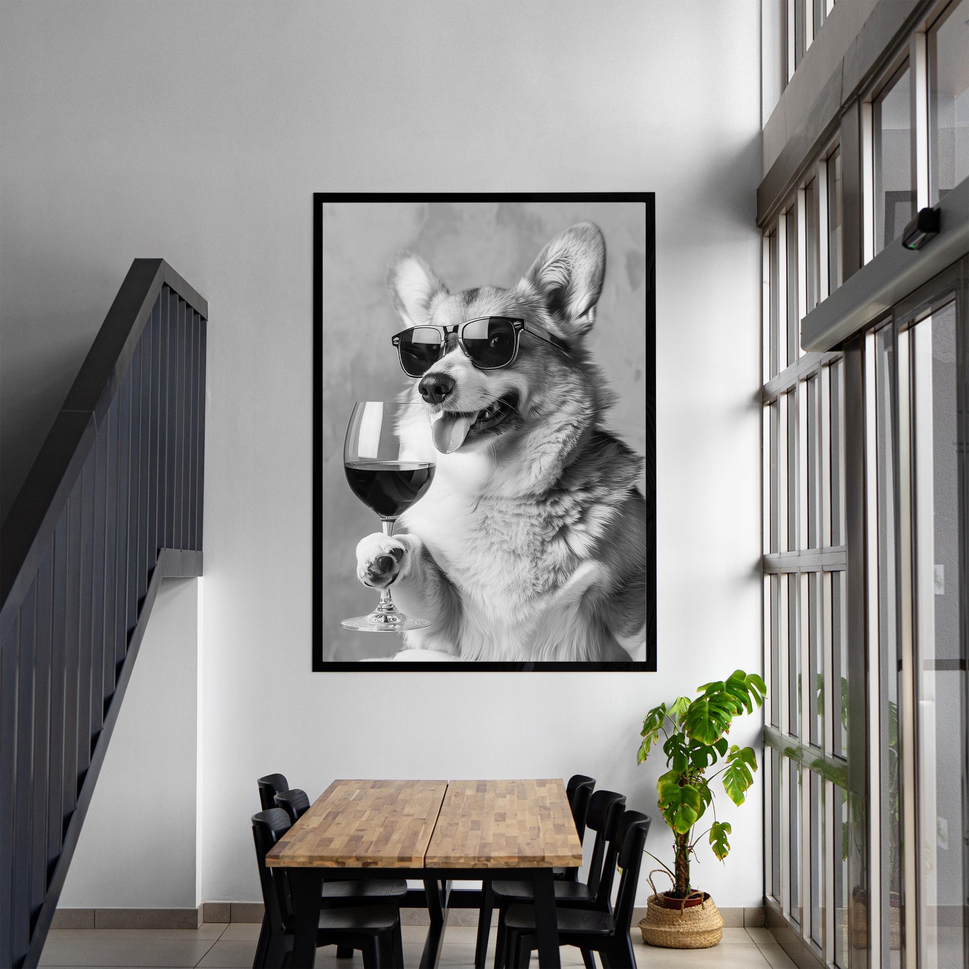 Corgi Drinking Wine Wall Art Funny Dog Poster, Bar Cart Print, Kitchen Wall Decor - Black and White Print