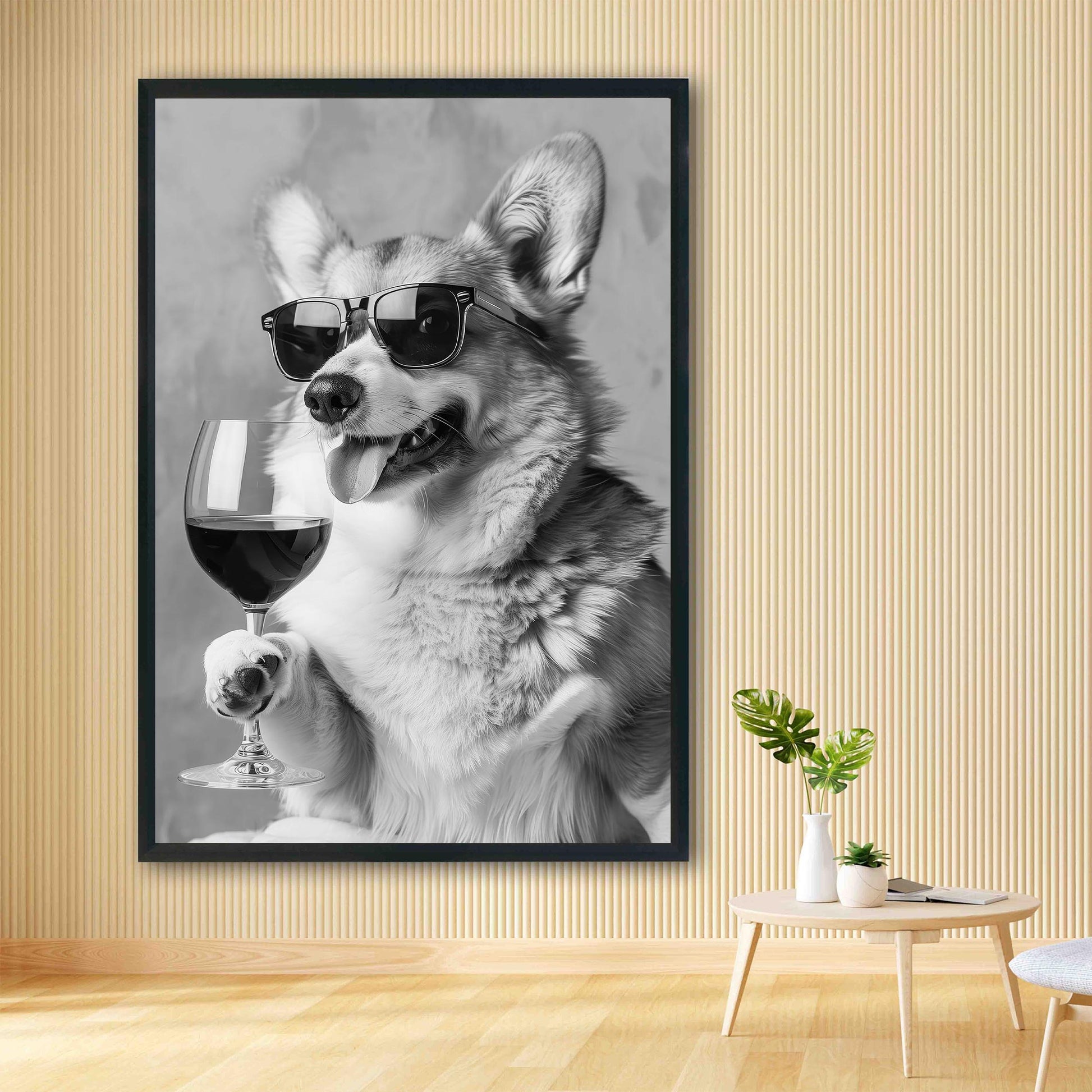 Corgi Drinking Wine Wall Art Funny Dog Poster, Bar Cart Print, Kitchen Wall Decor - Black and White Print