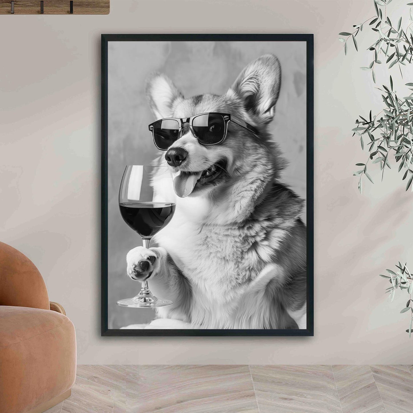 Corgi Drinking Wine Wall Art Funny Dog Poster, Bar Cart Print, Kitchen Wall Decor - Black and White Print