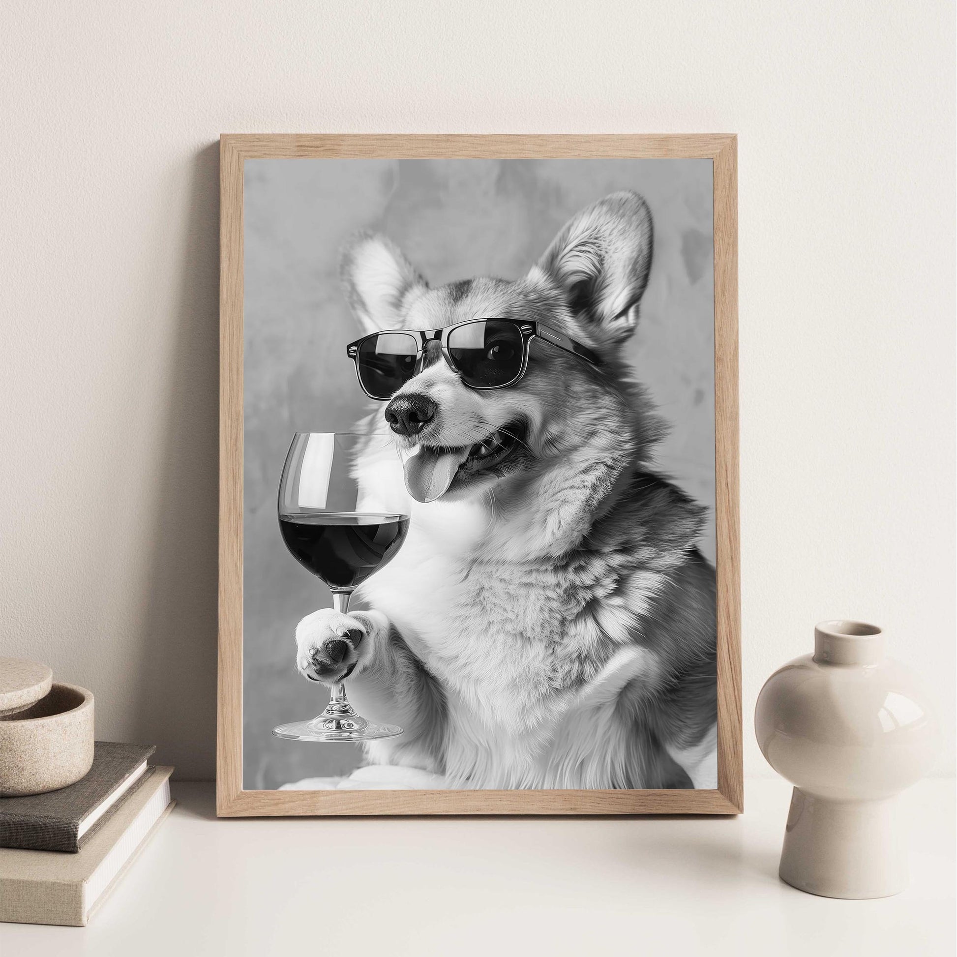 Corgi Drinking Wine Wall Art Funny Dog Poster, Bar Cart Print, Kitchen Wall Decor - Black and White Print
