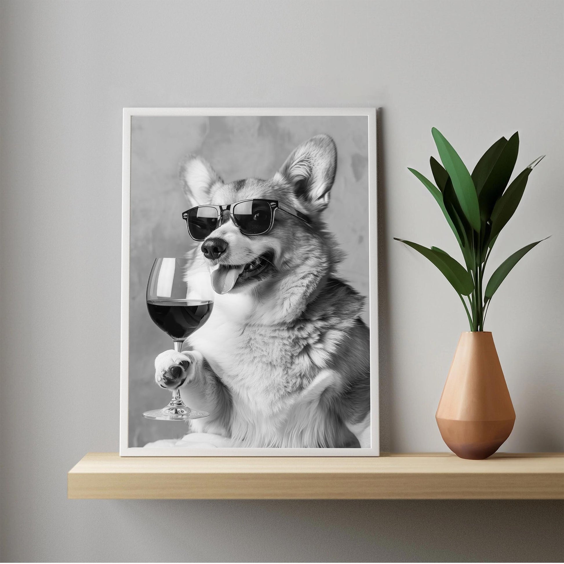 Corgi Drinking Wine Wall Art Funny Dog Poster, Bar Cart Print, Kitchen Wall Decor - Black and White Print