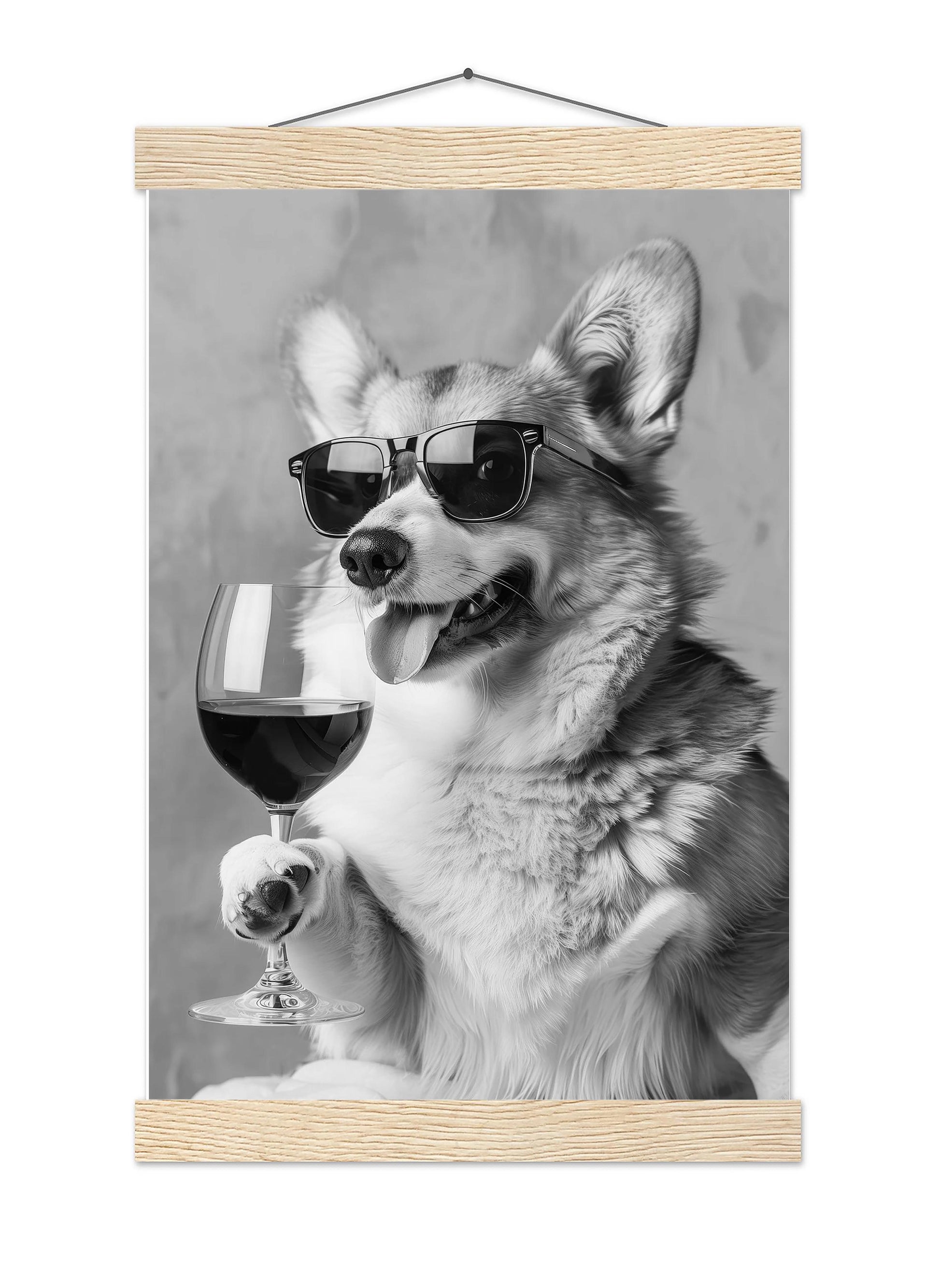 Corgi Drinking Wine Wall Art Funny Dog Poster, Bar Cart Print, Kitchen Wall Decor - Black and White Print