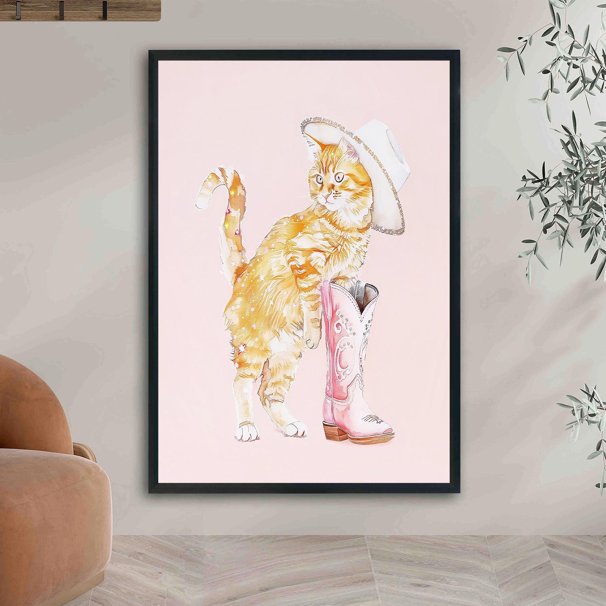 Cowgirl Cat Art Print, Orange Tabby in Boots