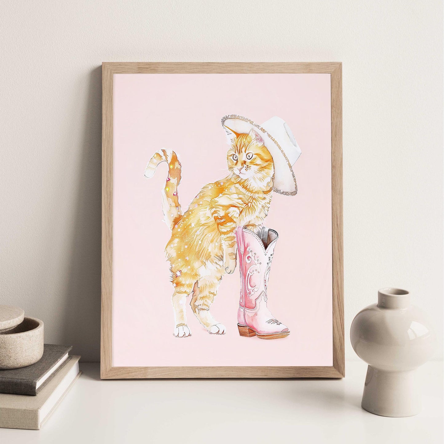 Cowgirl Cat Art Print, Orange Tabby in Boots