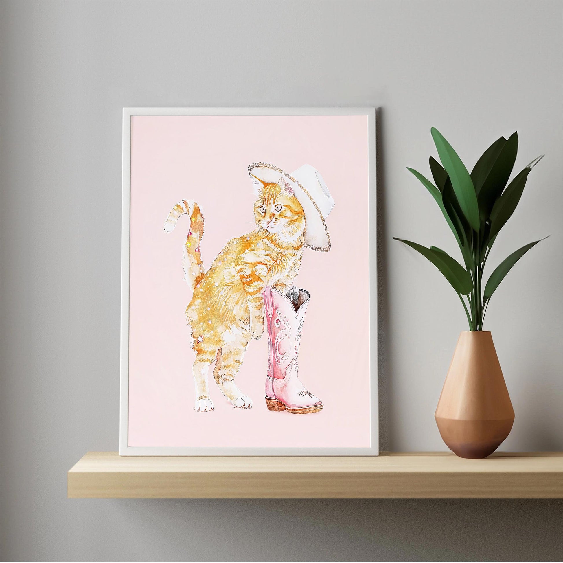 Cowgirl Cat Art Print, Orange Tabby in Boots