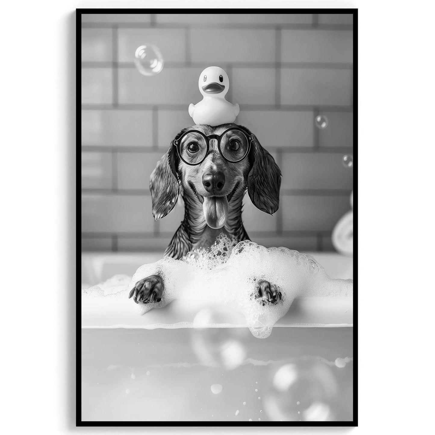 Dachshund Bath Wall Art Wiener In Bathtub Poster, Funny Dog Art, Bathroom Wall Decor - Black and White Print