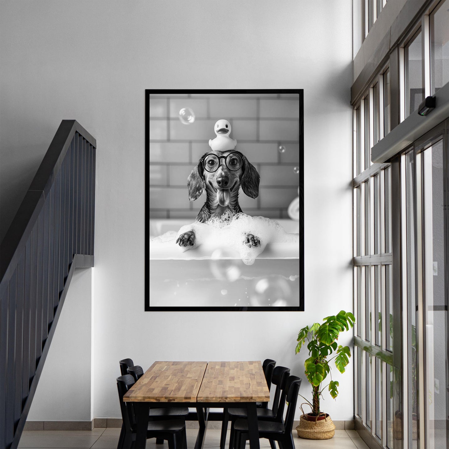 Dachshund Bath Wall Art Wiener In Bathtub Poster, Funny Dog Art, Bathroom Wall Decor - Black and White Print