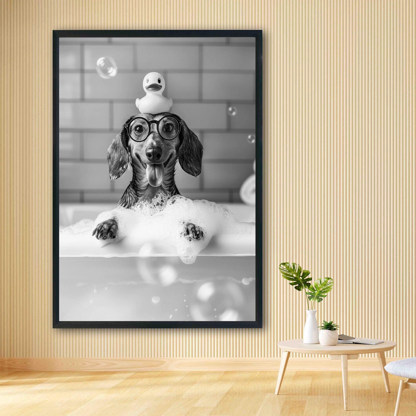 Dachshund Bath Wall Art Wiener In Bathtub Poster, Funny Dog Art, Bathroom Wall Decor - Black and White Print