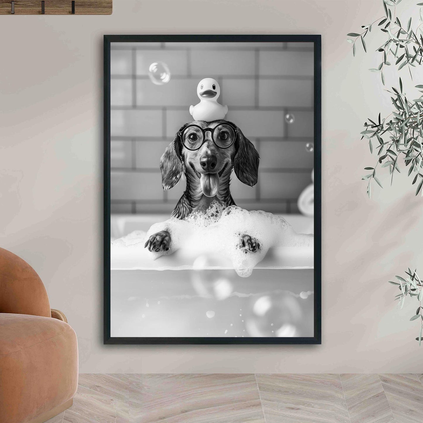 Dachshund Bath Wall Art Wiener In Bathtub Poster, Funny Dog Art, Bathroom Wall Decor - Black and White Print