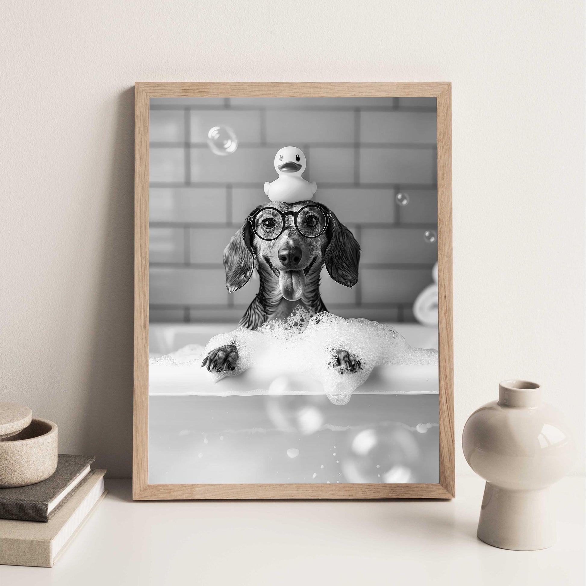 Dachshund Bath Wall Art Wiener In Bathtub Poster, Funny Dog Art, Bathroom Wall Decor - Black and White Print